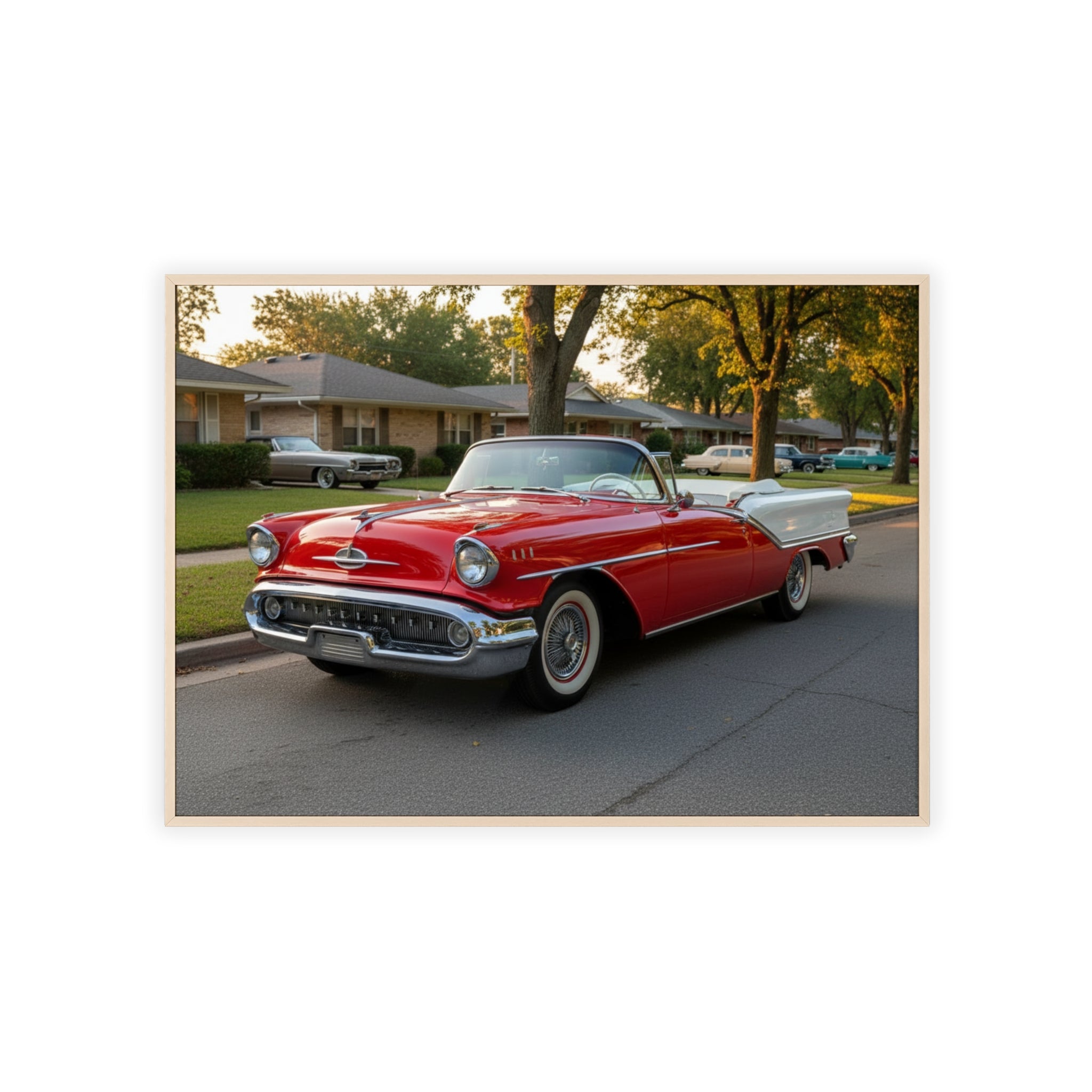 Vintage Red Convertible Poster with Wooden Frame — Classic Car Wall Art