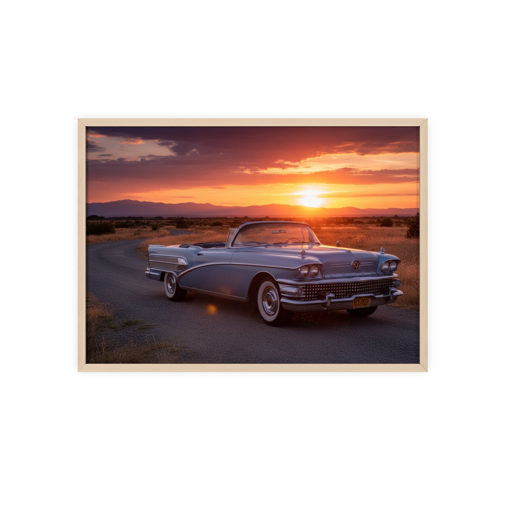 Vintage Convertible Sunset Poster with Wooden Frame