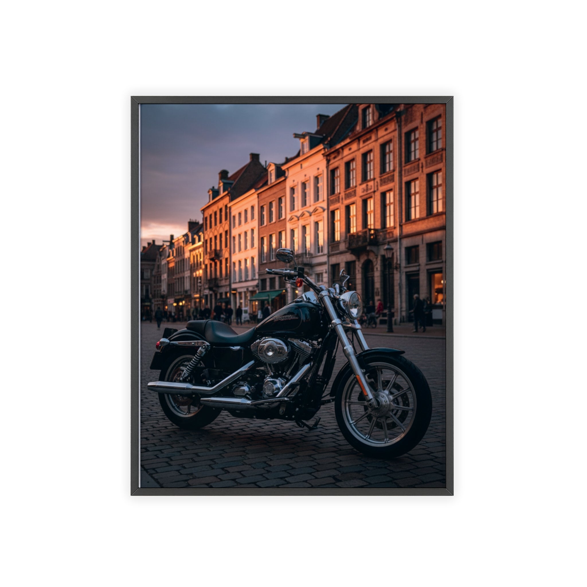 Vintage Motorcycle Poster with Wooden Frame — Urban Sunset Bike Wall Art