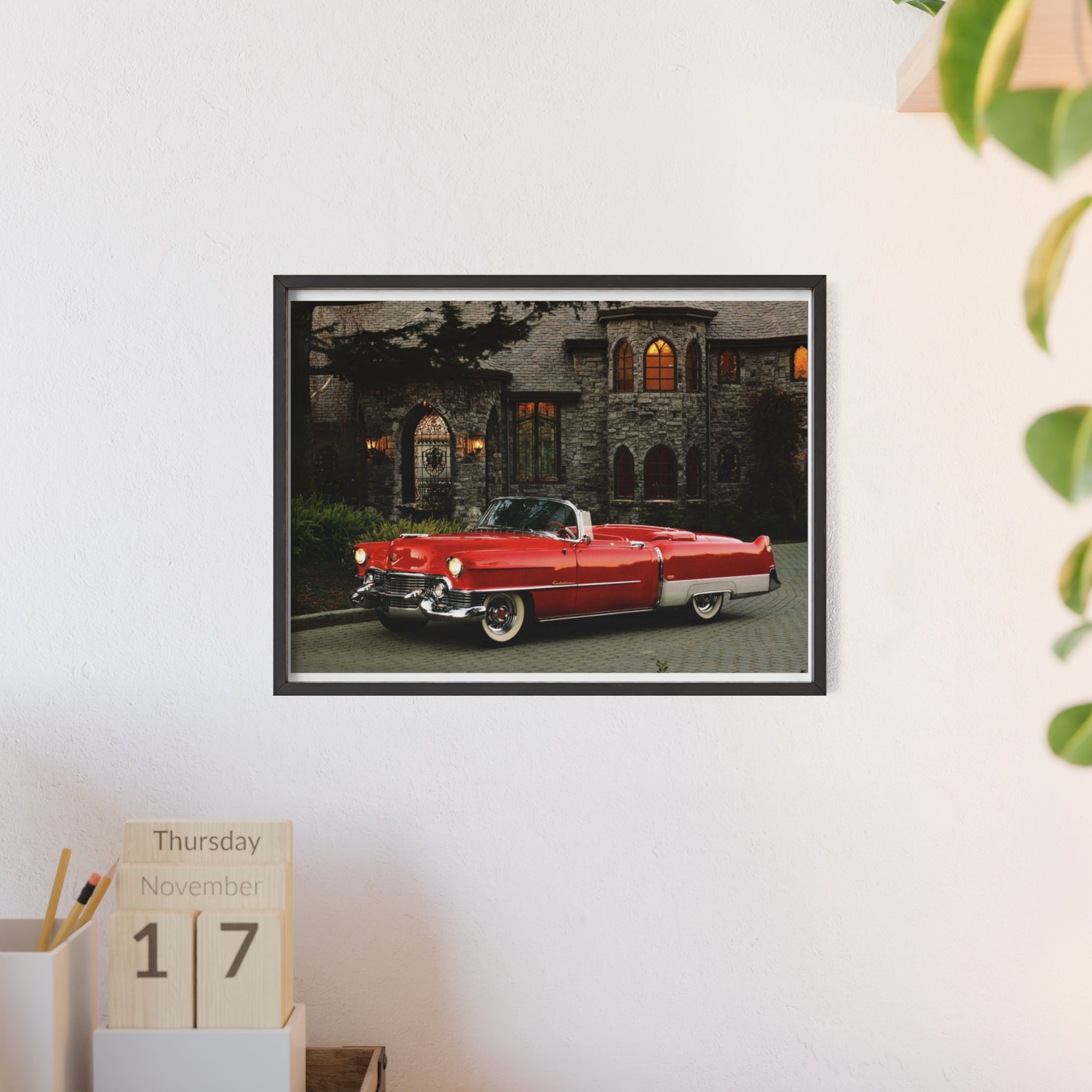 Vintage Red Convertible Poster with Wooden Frame — Classic Car Wall Art