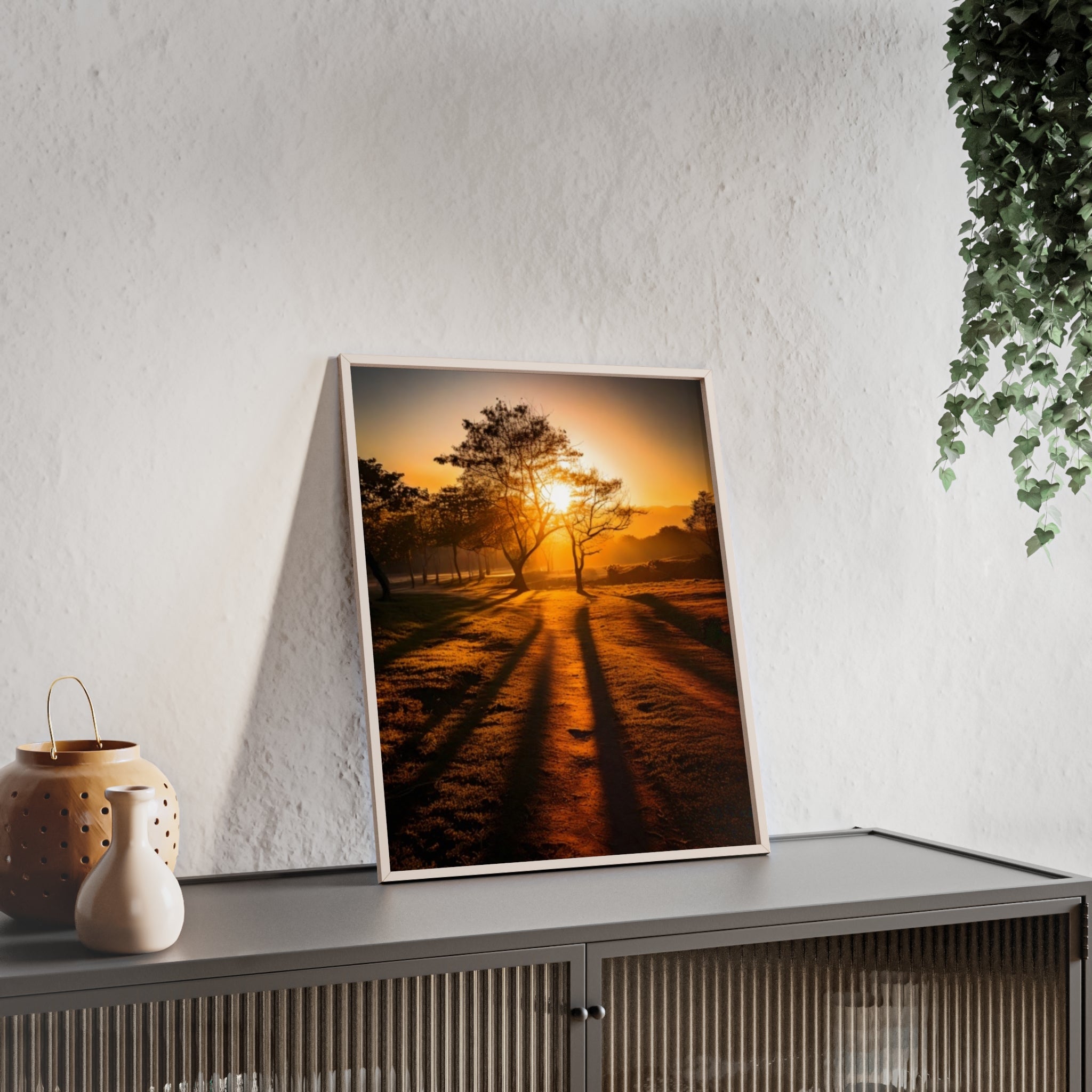 Sunrise Forest Poster — Framed Wooden Wall Art (Sunlit Trees)
