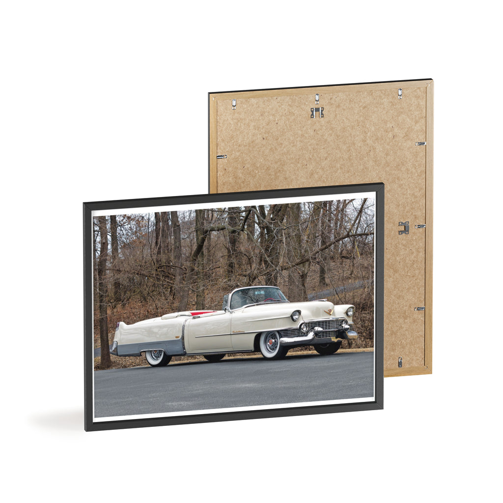 Vintage 1950s White Cadillac Poster with Wooden Frame - Classic Car Wall Art