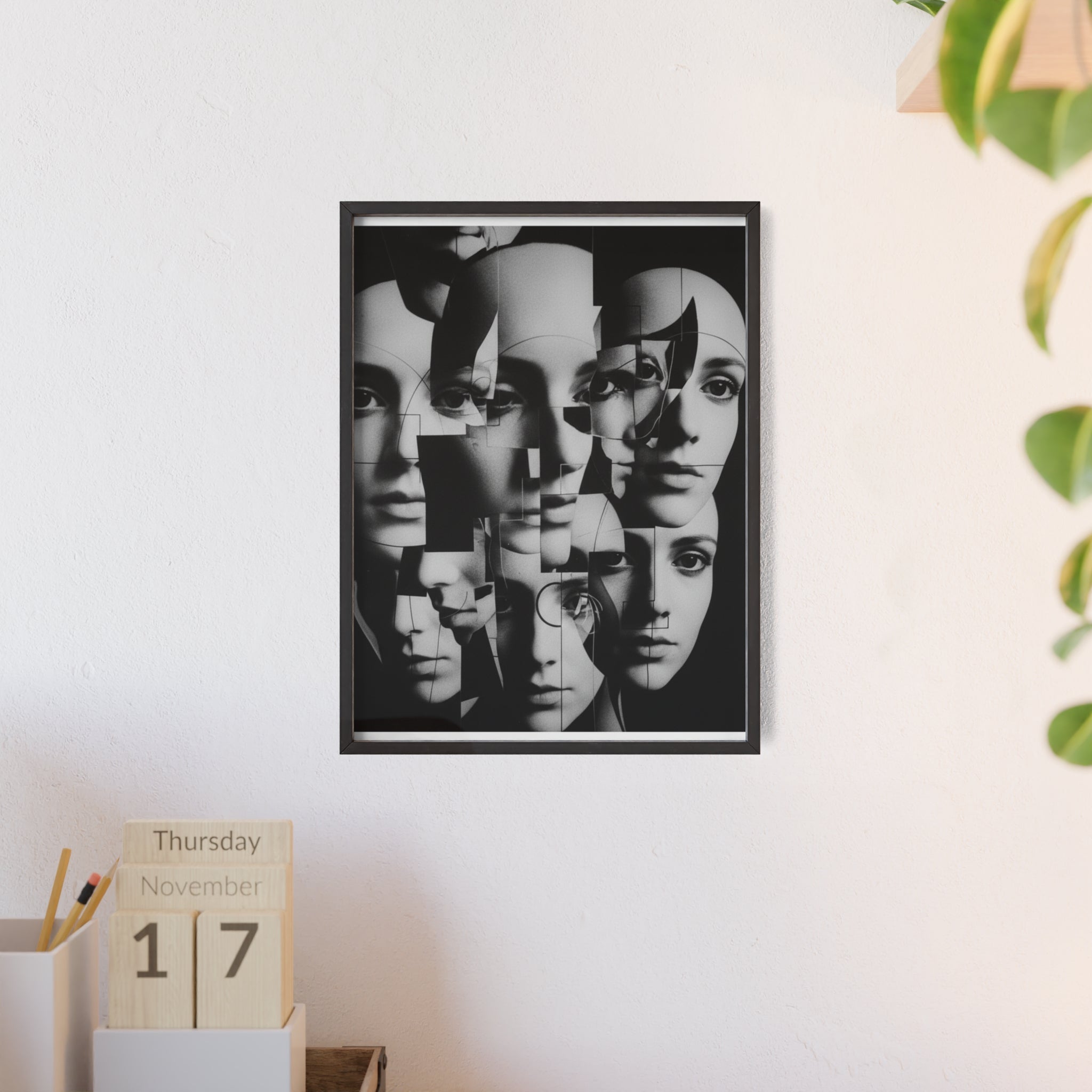 Surreal Multi-Face Black & White Poster — Framed Wooden Art Print