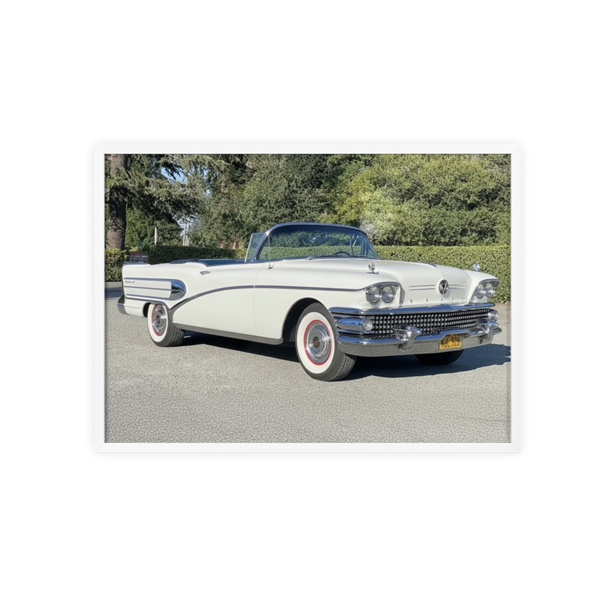 Classic White Convertible Car Poster with Wooden Frame — Vintage Auto Wall Art