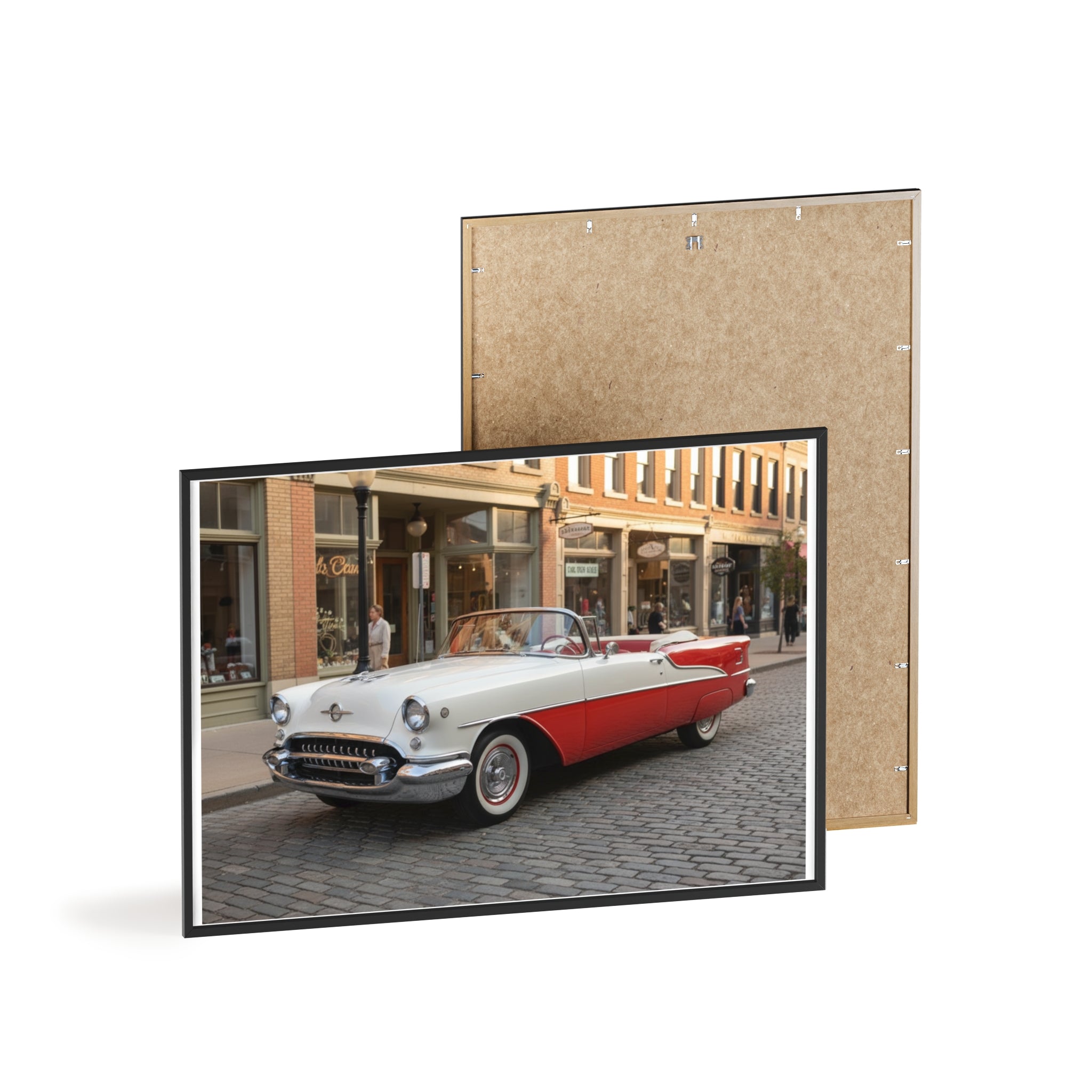 Vintage Red & White Convertible Poster with Wooden Frame — Retro Car Wall Art