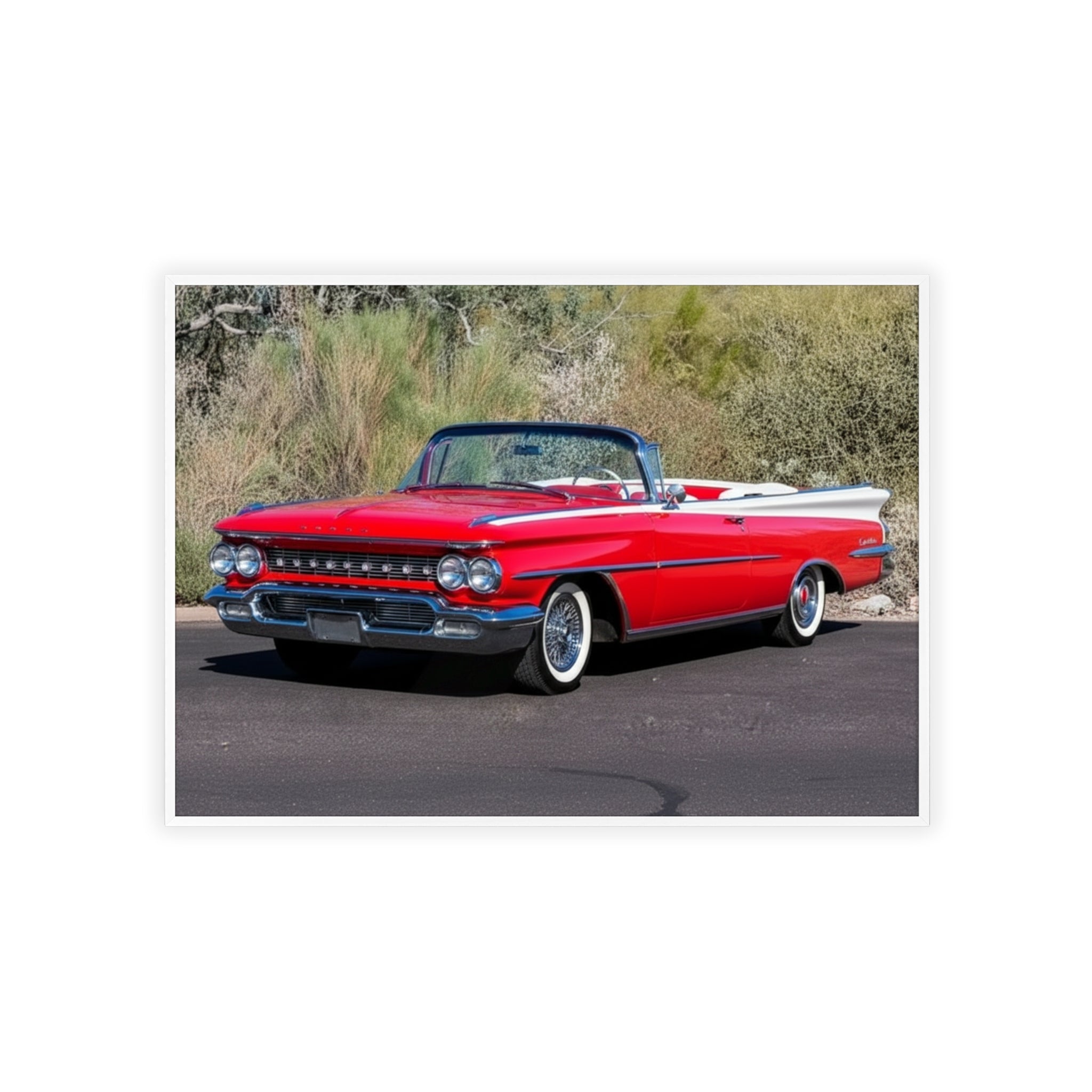 Vintage Red Convertible Car Poster with Wooden Frame — Classic Auto Wall Art
