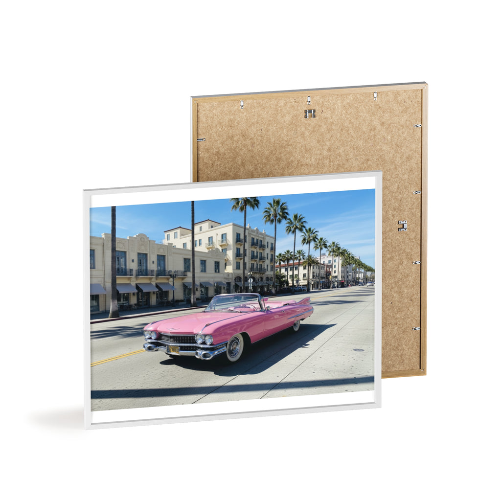 Retro Pink Cadillac Poster with Wooden Frame — Vintage Palm-Drive Wall Art