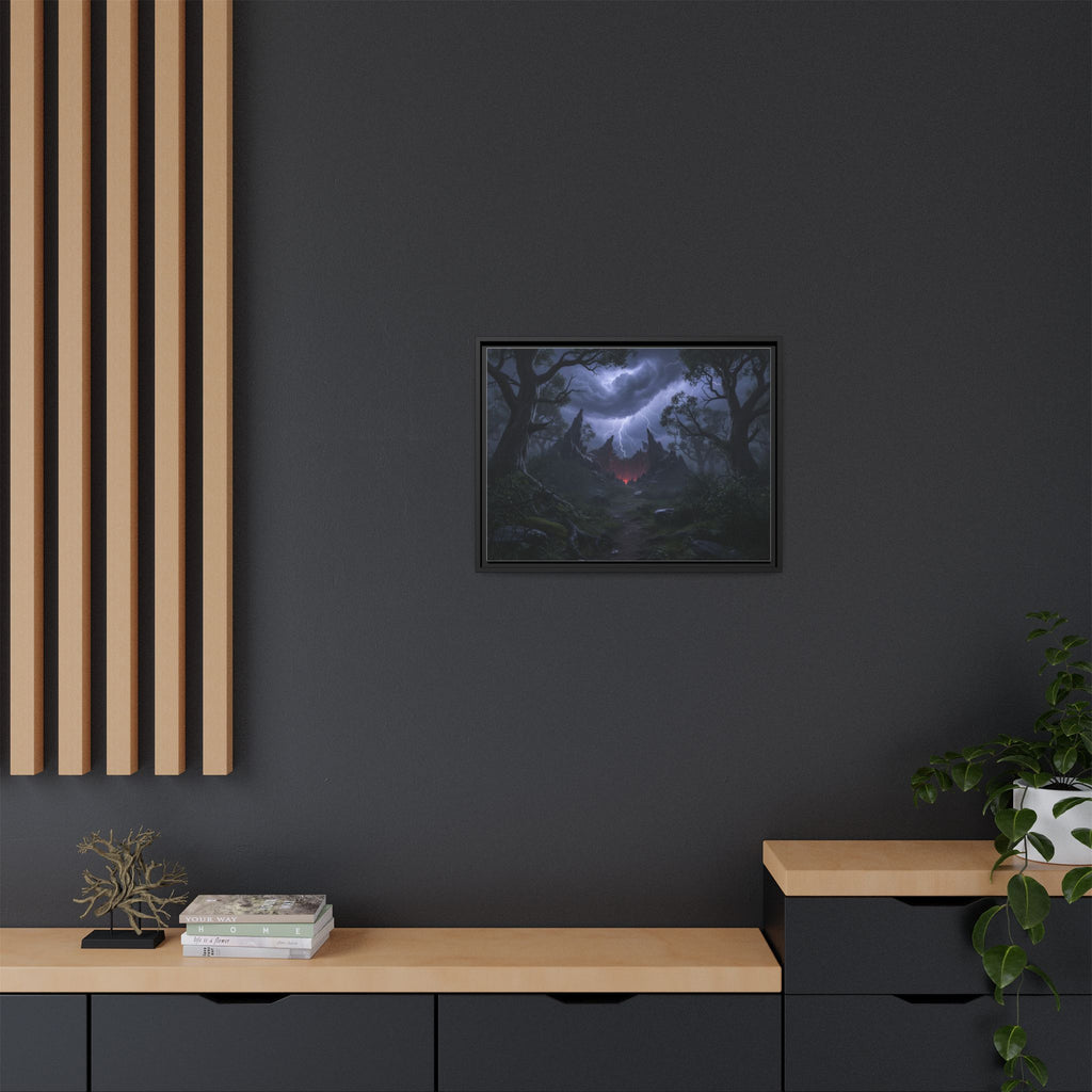 Dark Storm Forest Framed Canvas Print — Lightning, Haunted Castle Art