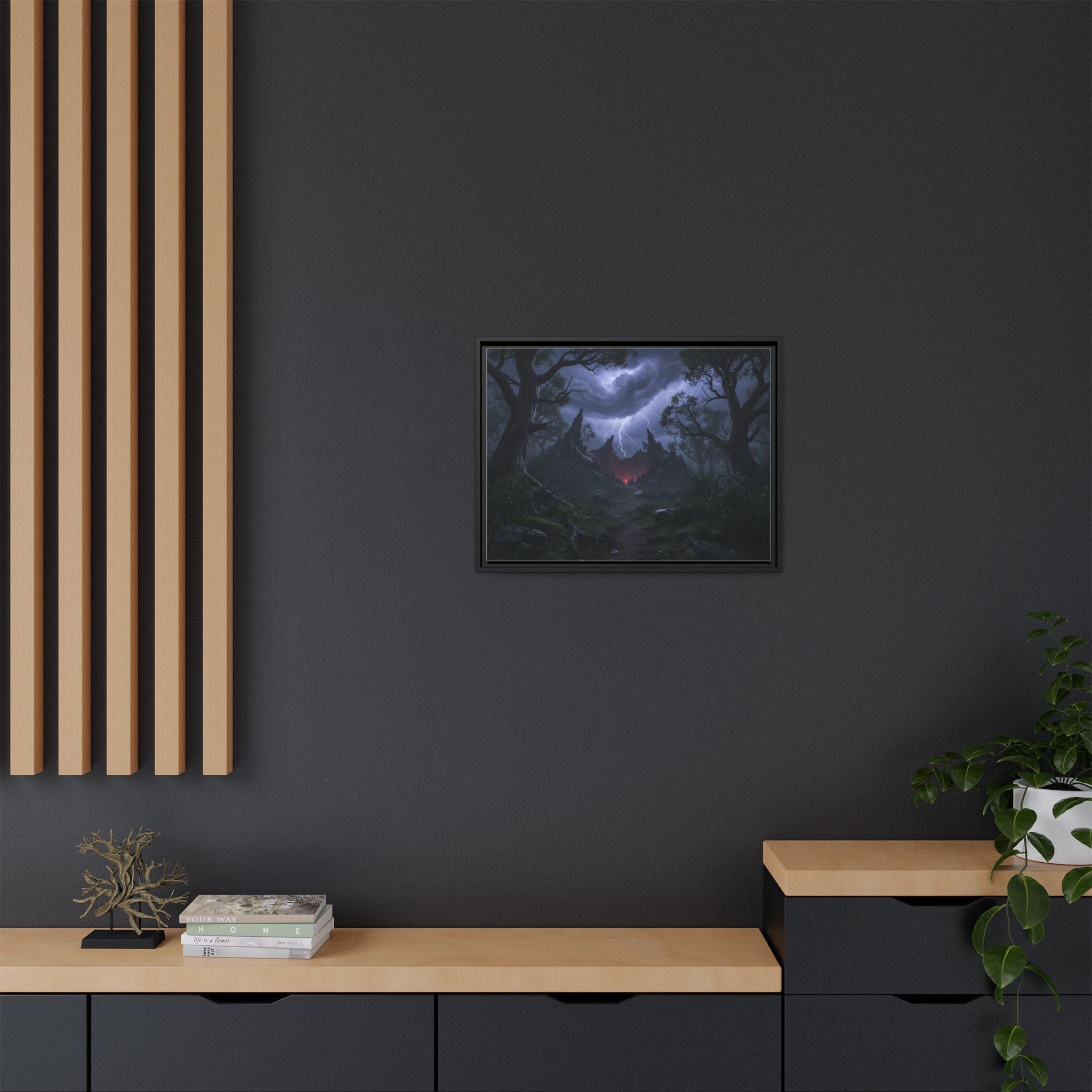 Dark Storm Forest Framed Canvas Print — Lightning, Haunted Castle Art