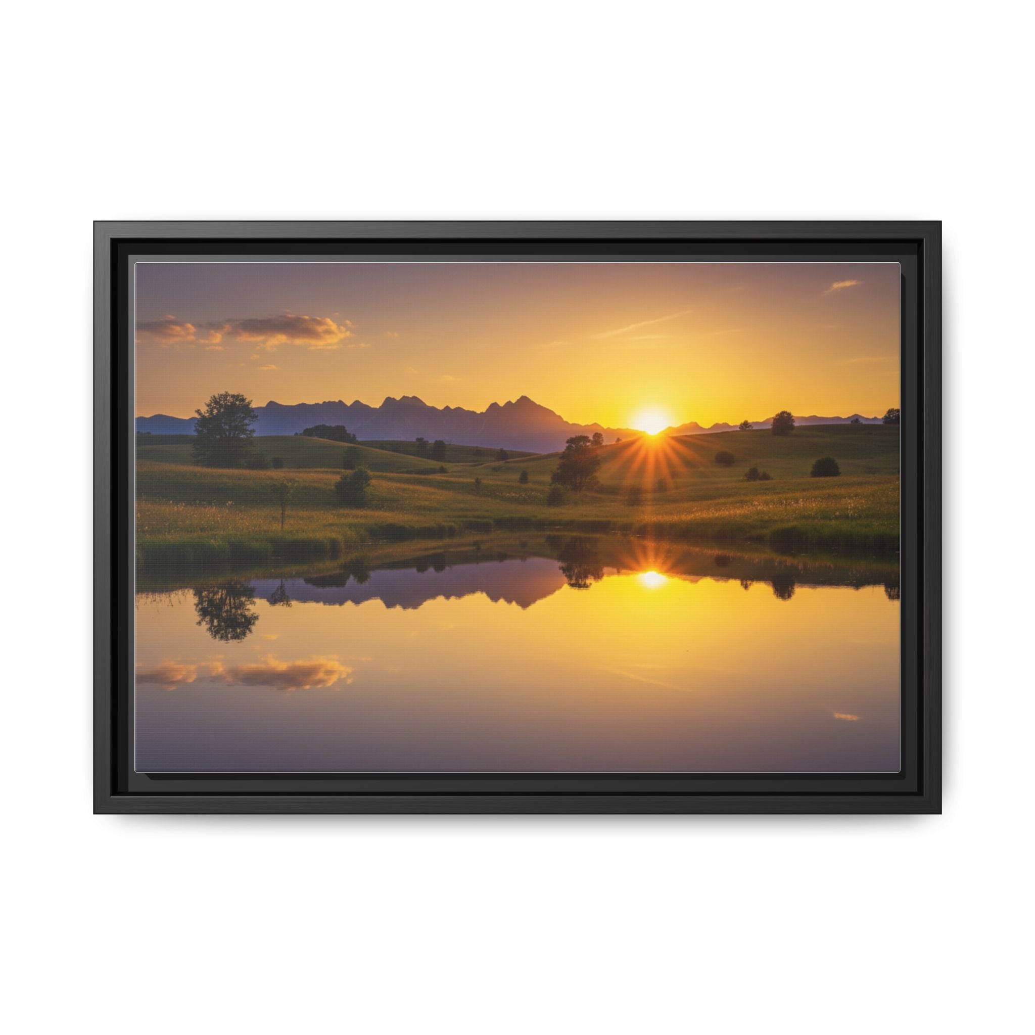 Framed Matte Canvas Sunset Landscape — Serene Lake Reflection Wall Art