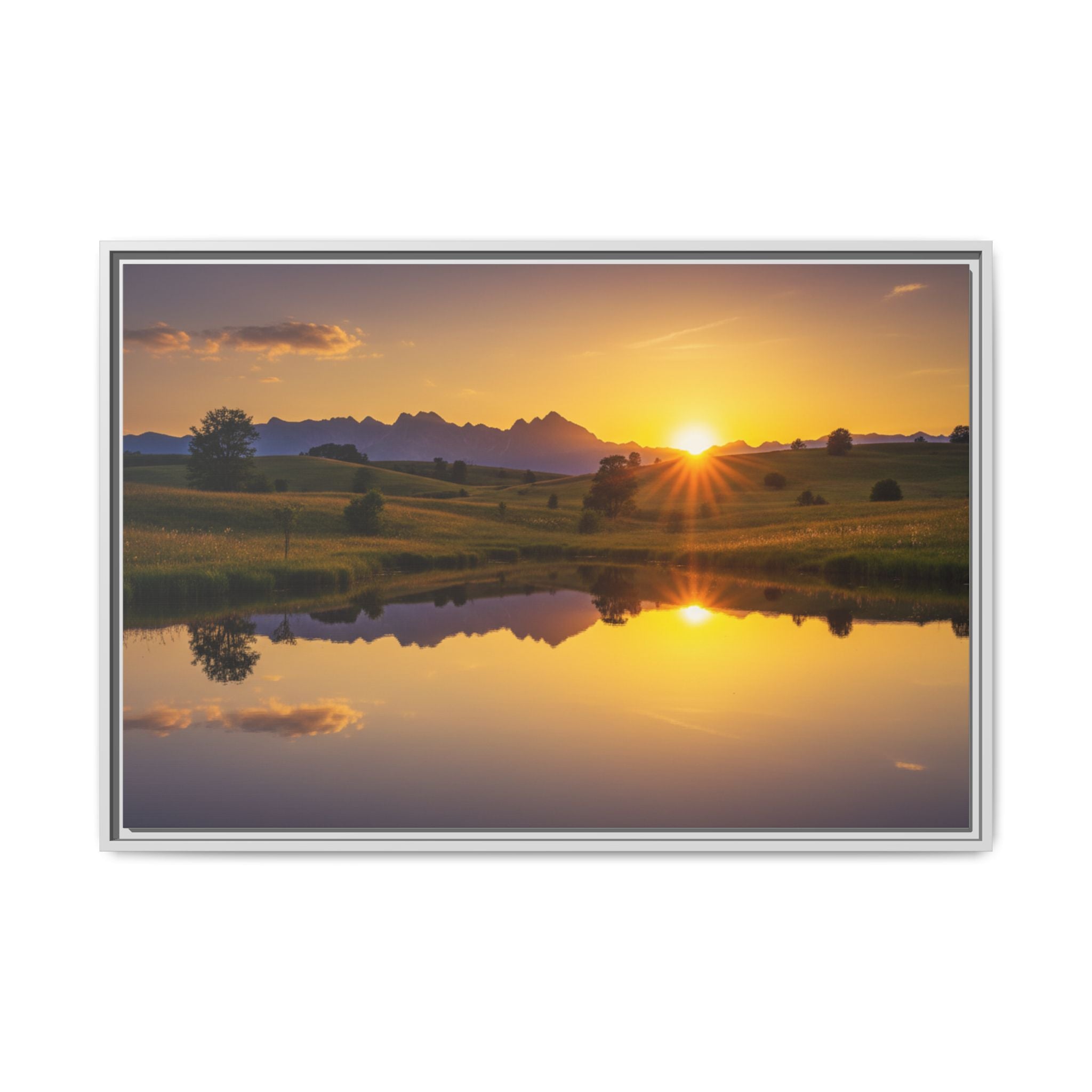 Framed Matte Canvas Sunset Landscape — Serene Lake Reflection Wall Art