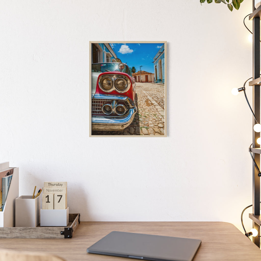 Vintage Classic Car Poster with Wooden Frame — Retro Cuba Street Photography Wall Art