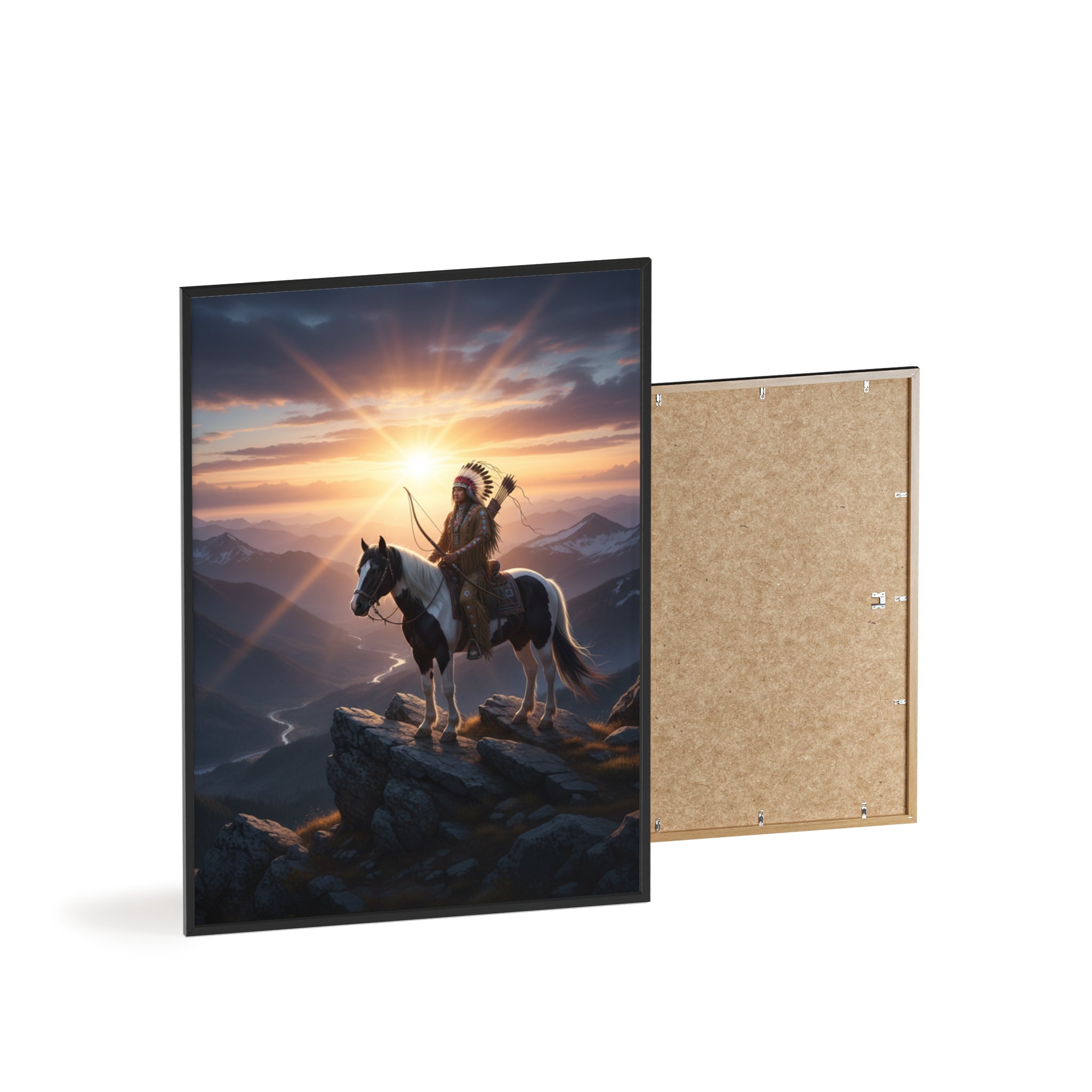 Native American Warrior on Horse Framed Poster — Scenic Sunrise Wall Art