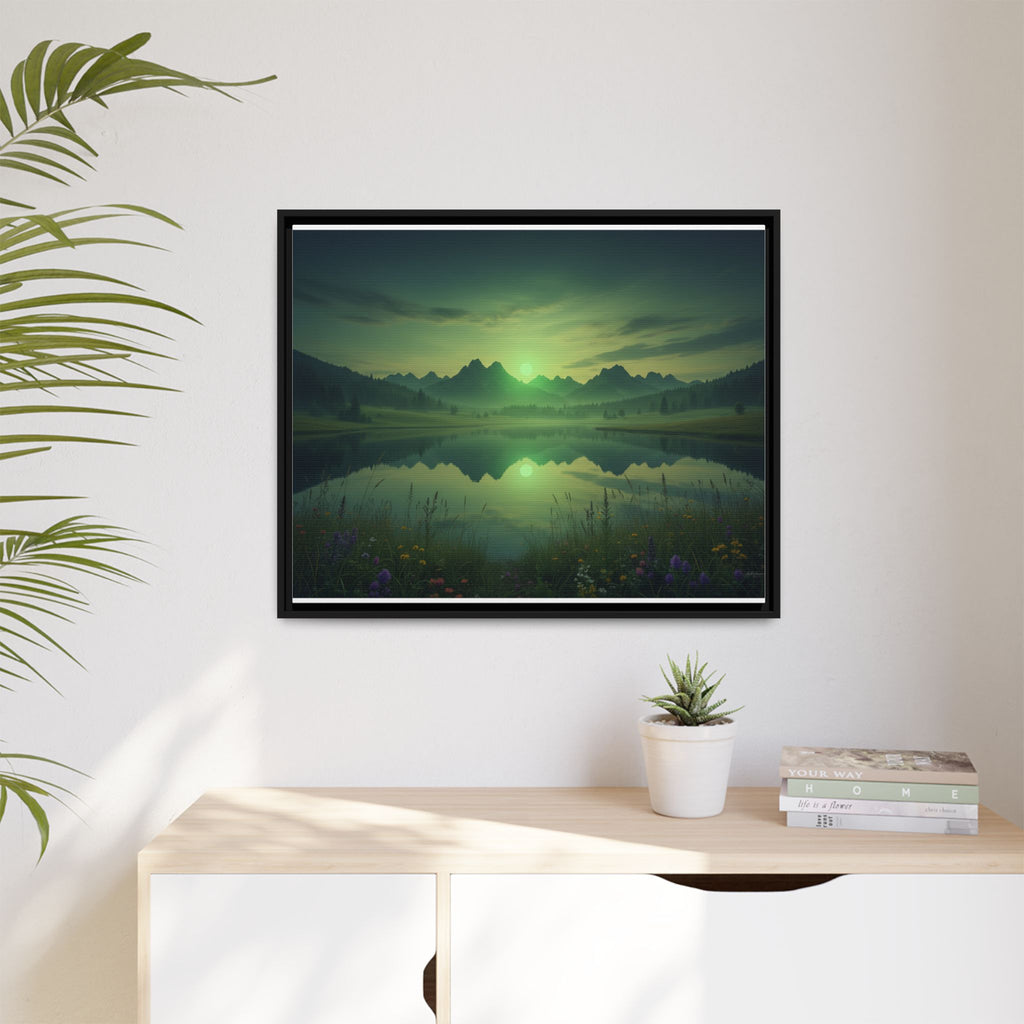 Framed Matte Canvas Print — Serene Green Mountain Lake Landscape