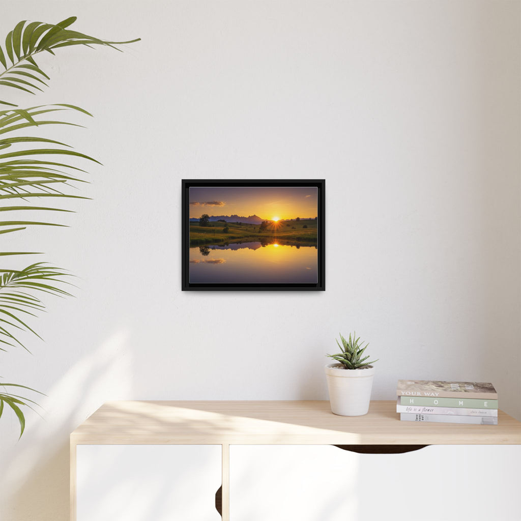 Framed Matte Canvas Sunset Landscape — Serene Lake Reflection Wall Art