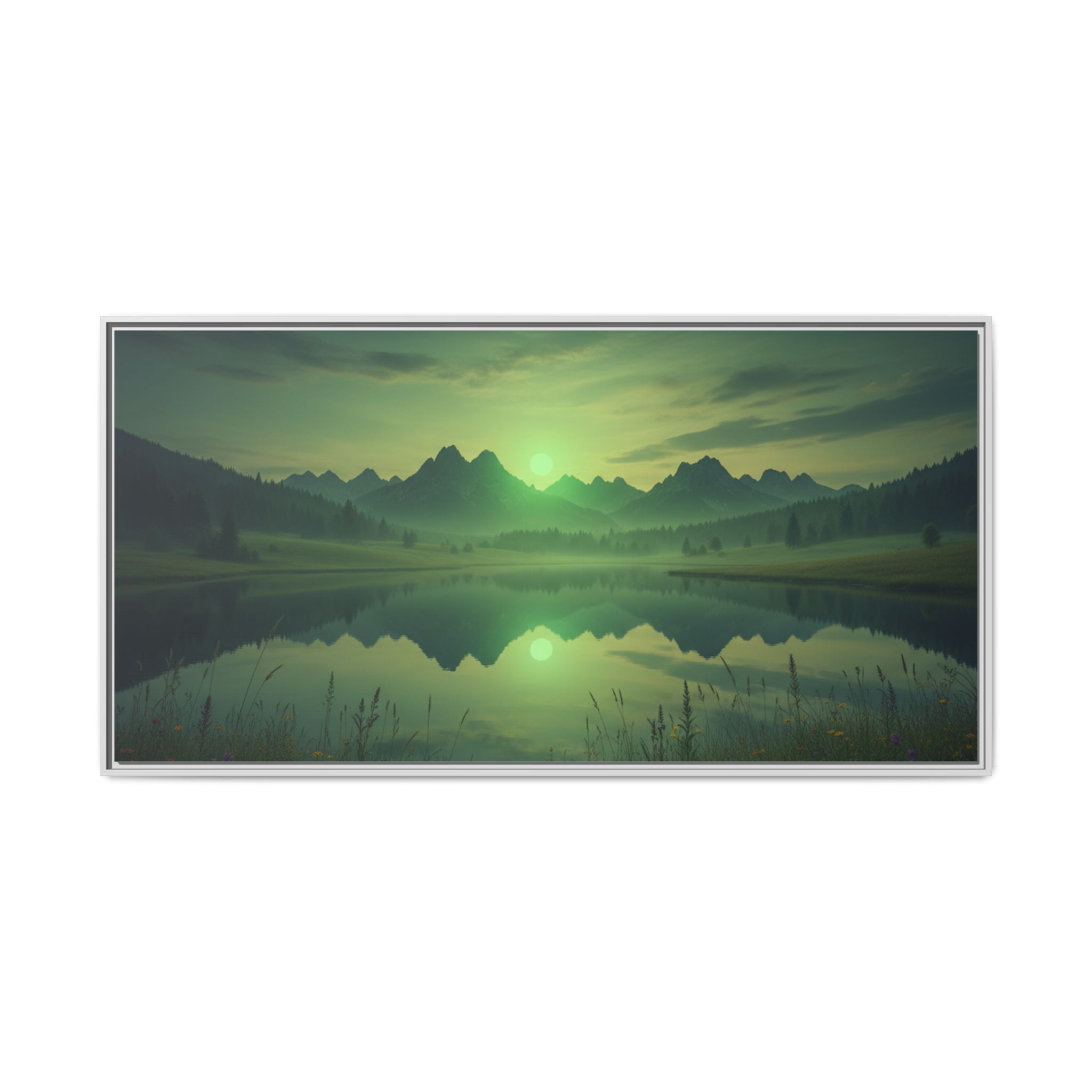 Framed Matte Canvas Print — Serene Green Mountain Lake Landscape