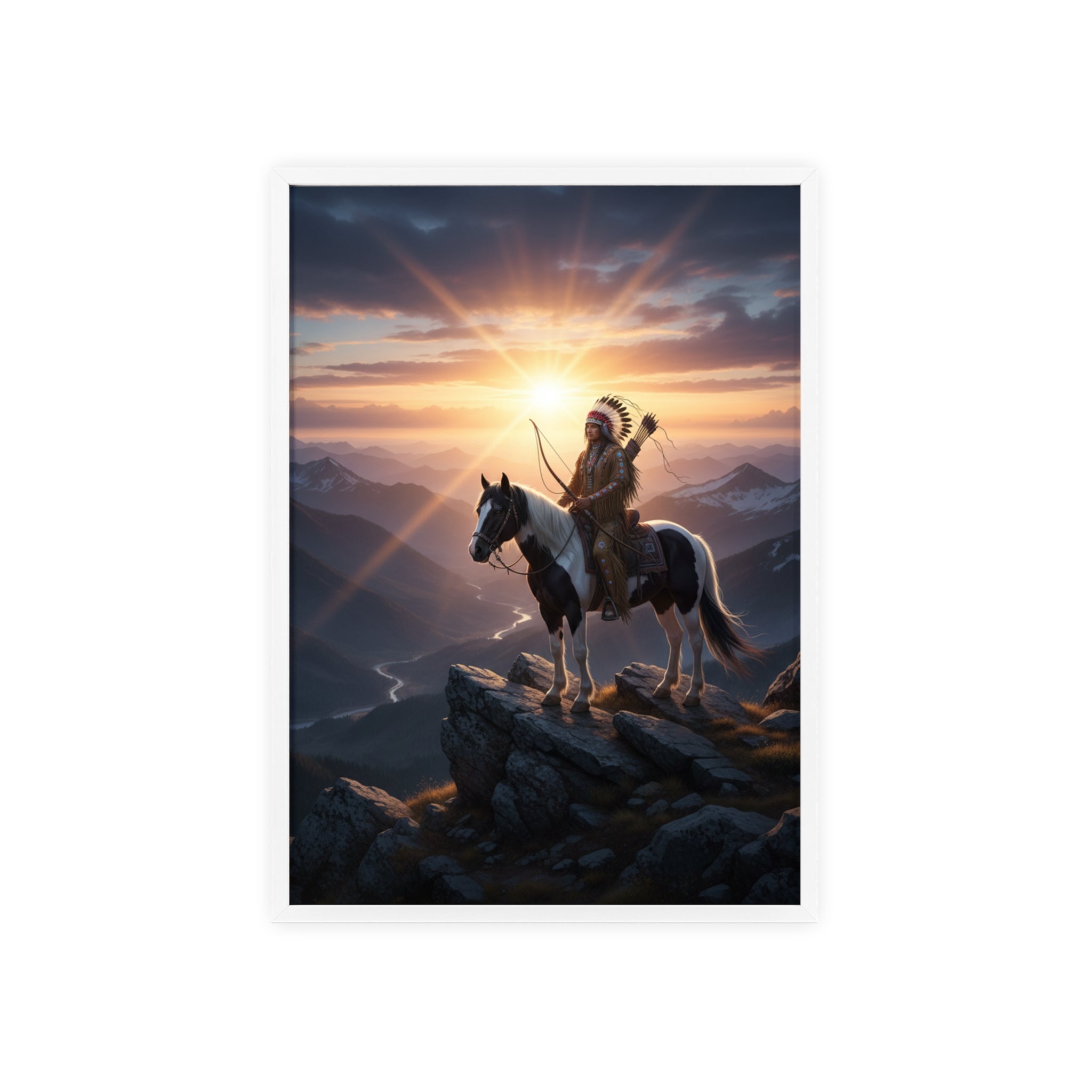 Native American Warrior on Horse Framed Poster — Scenic Sunrise Wall Art