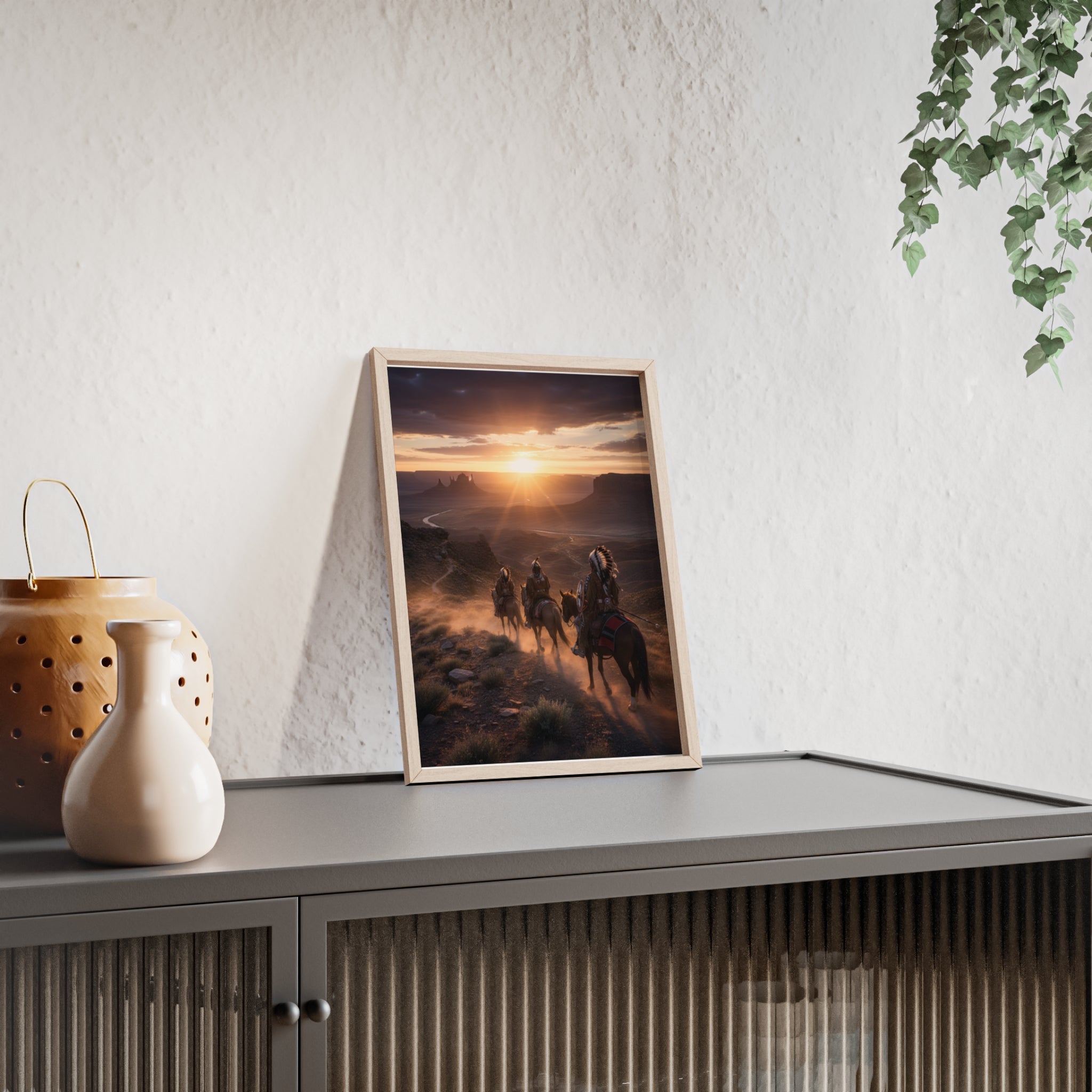 Framed Western Sunset Poster — Native Riders on Horseback Wall Art