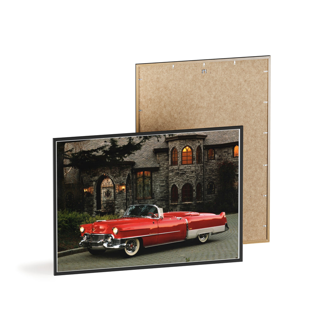 Vintage Red Convertible Poster with Wooden Frame — Classic Car Wall Art