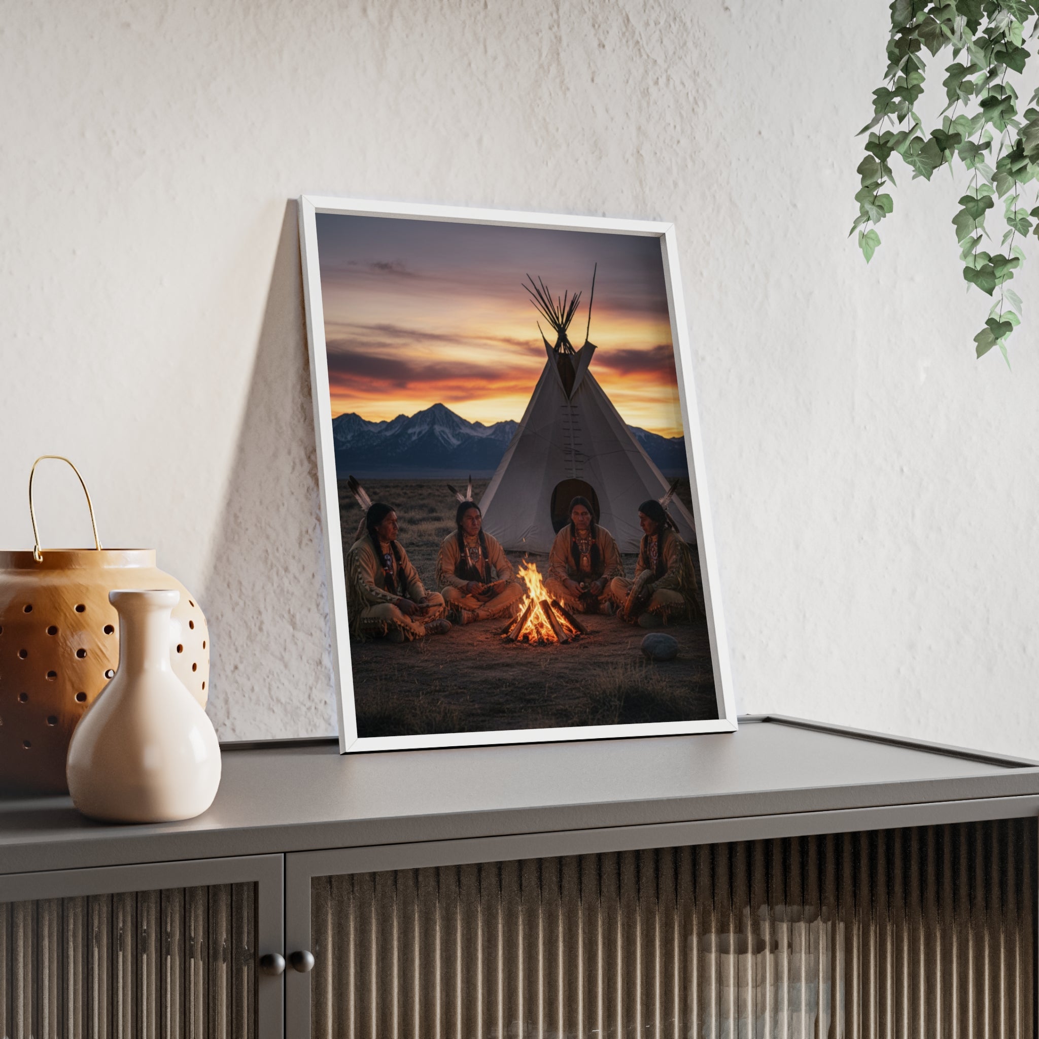 Framed Campfire Teepee Poster — Native Gathering Wall Art