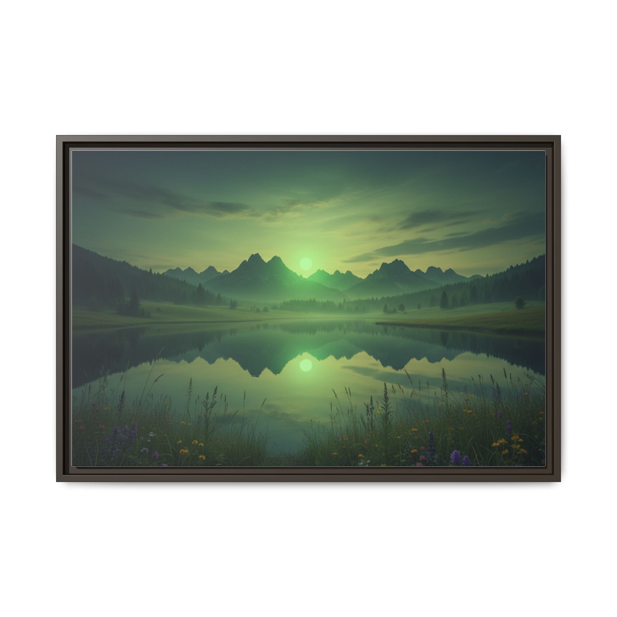 Framed Matte Canvas Print — Serene Green Mountain Lake Landscape