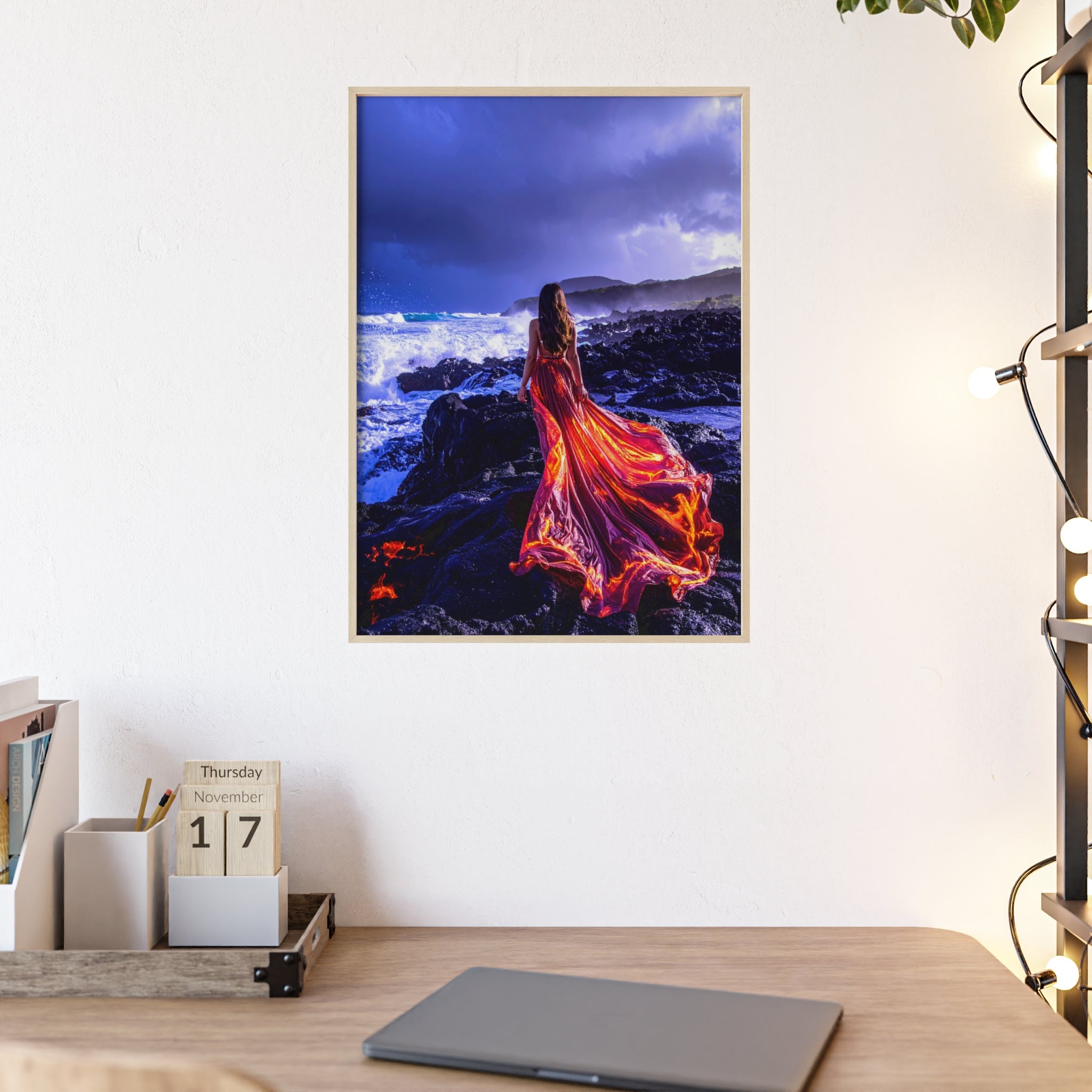 Framed Art Print — Woman in Fiery Red Dress on Rocky Shore (Wooden Frame Poster)
