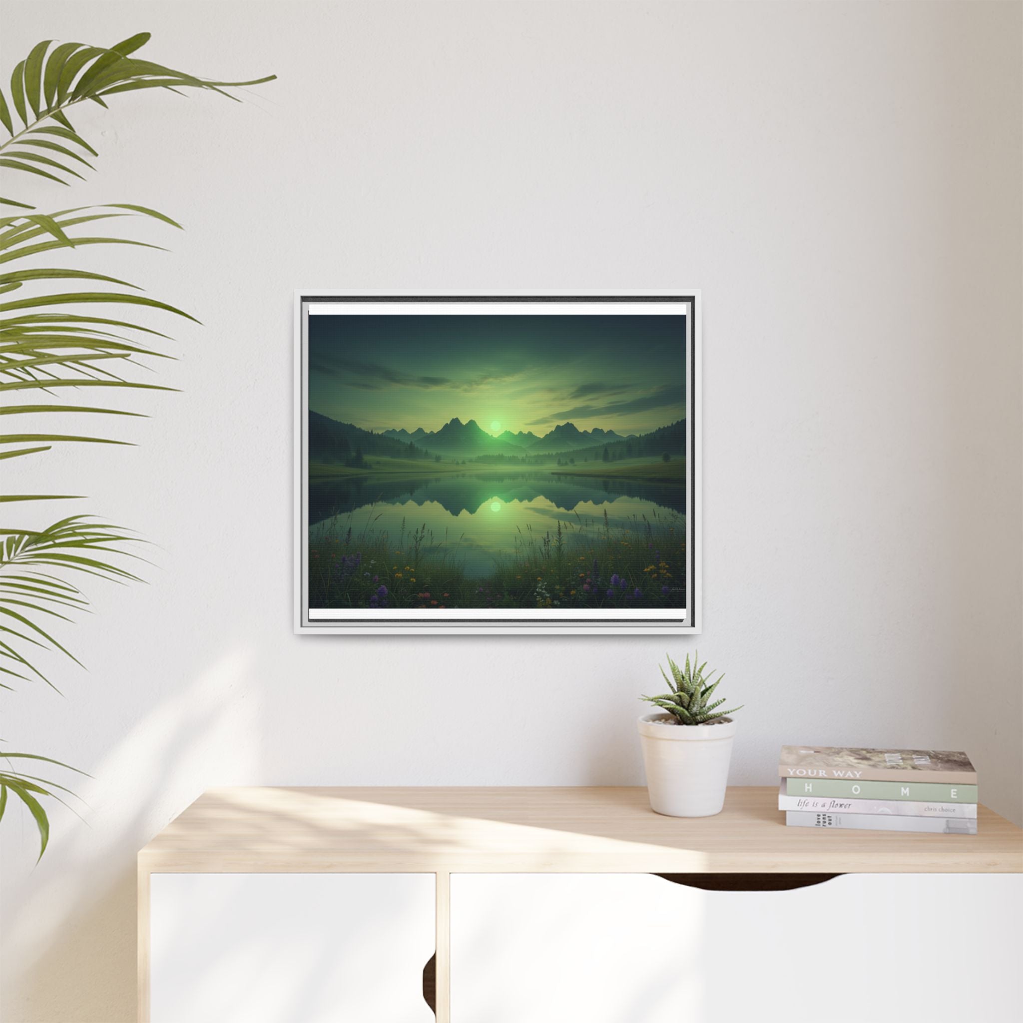 Framed Matte Canvas Print — Serene Green Mountain Lake Landscape