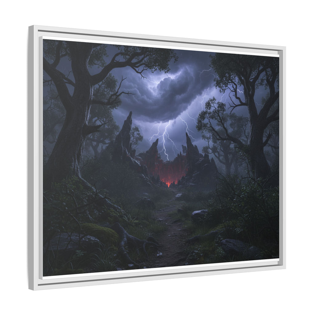 Dark Storm Forest Framed Canvas Print — Lightning, Haunted Castle Art