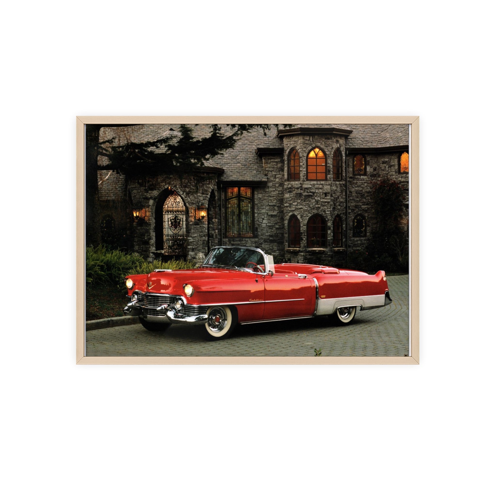 Vintage Red Convertible Poster with Wooden Frame — Classic Car Wall Art