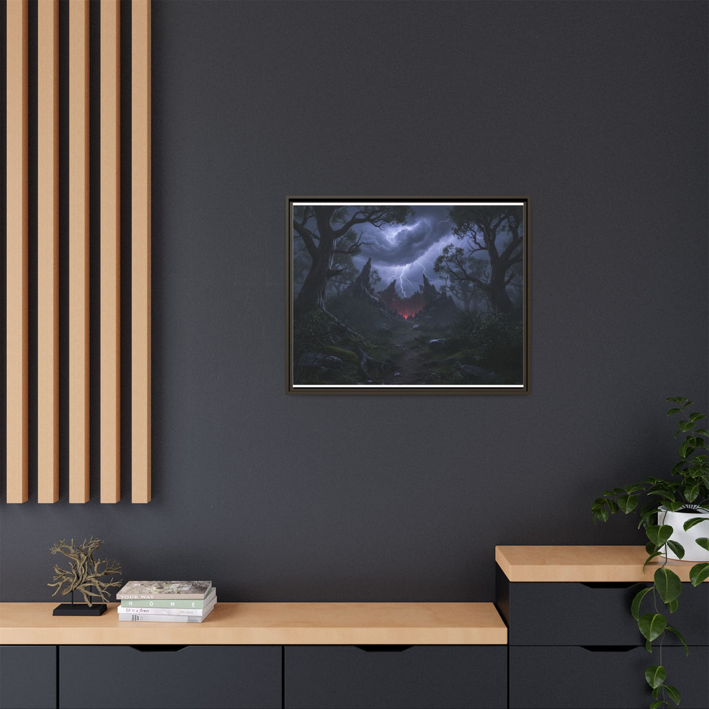 Dark Storm Forest Framed Canvas Print — Lightning, Haunted Castle Art