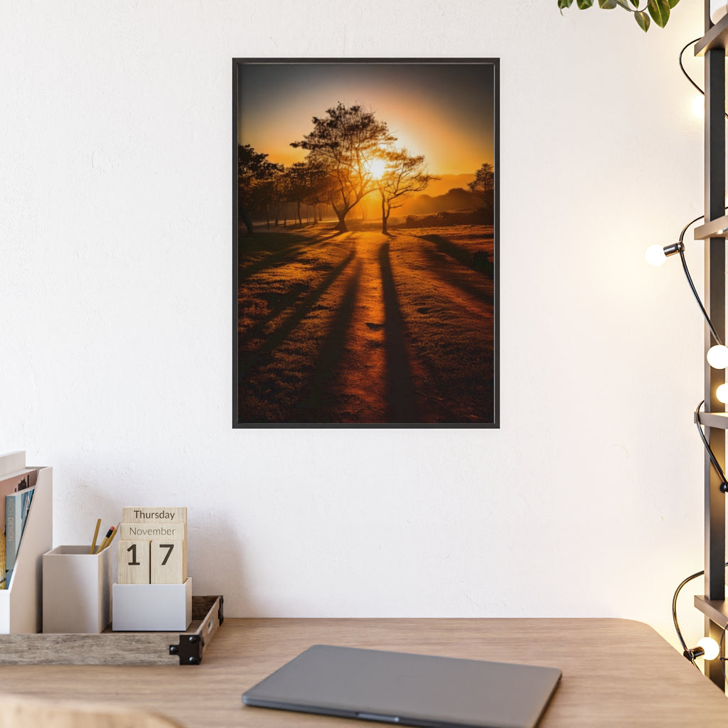 Sunrise Forest Poster — Framed Wooden Wall Art (Sunlit Trees)