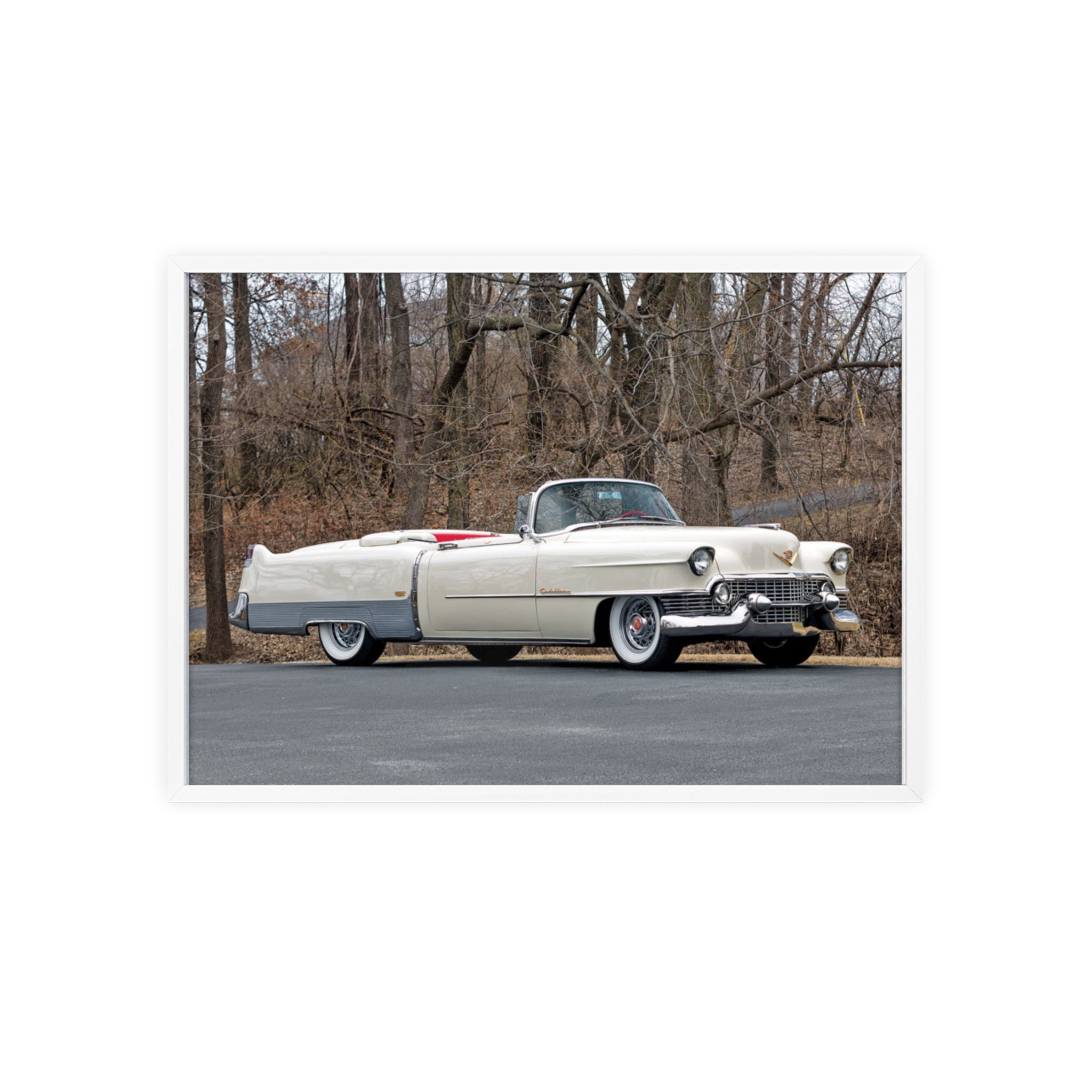 Vintage 1950s White Cadillac Poster with Wooden Frame - Classic Car Wall Art