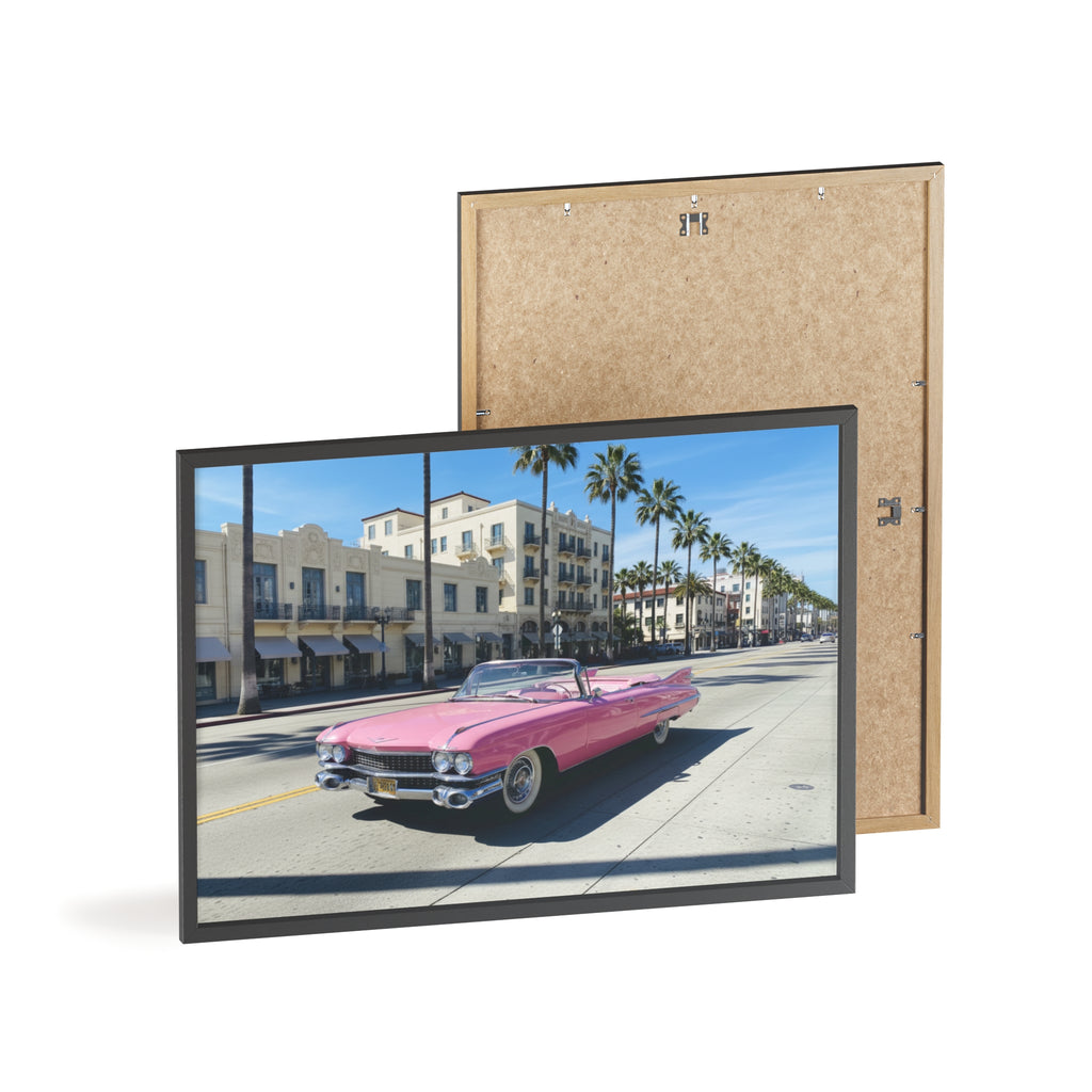 Retro Pink Cadillac Poster with Wooden Frame — Vintage Palm-Drive Wall Art