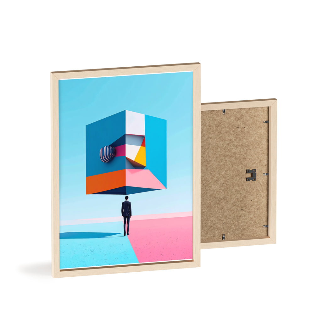 Surreal Geometric Art Poster with Wooden Frame — Modern Minimal Wall Decor