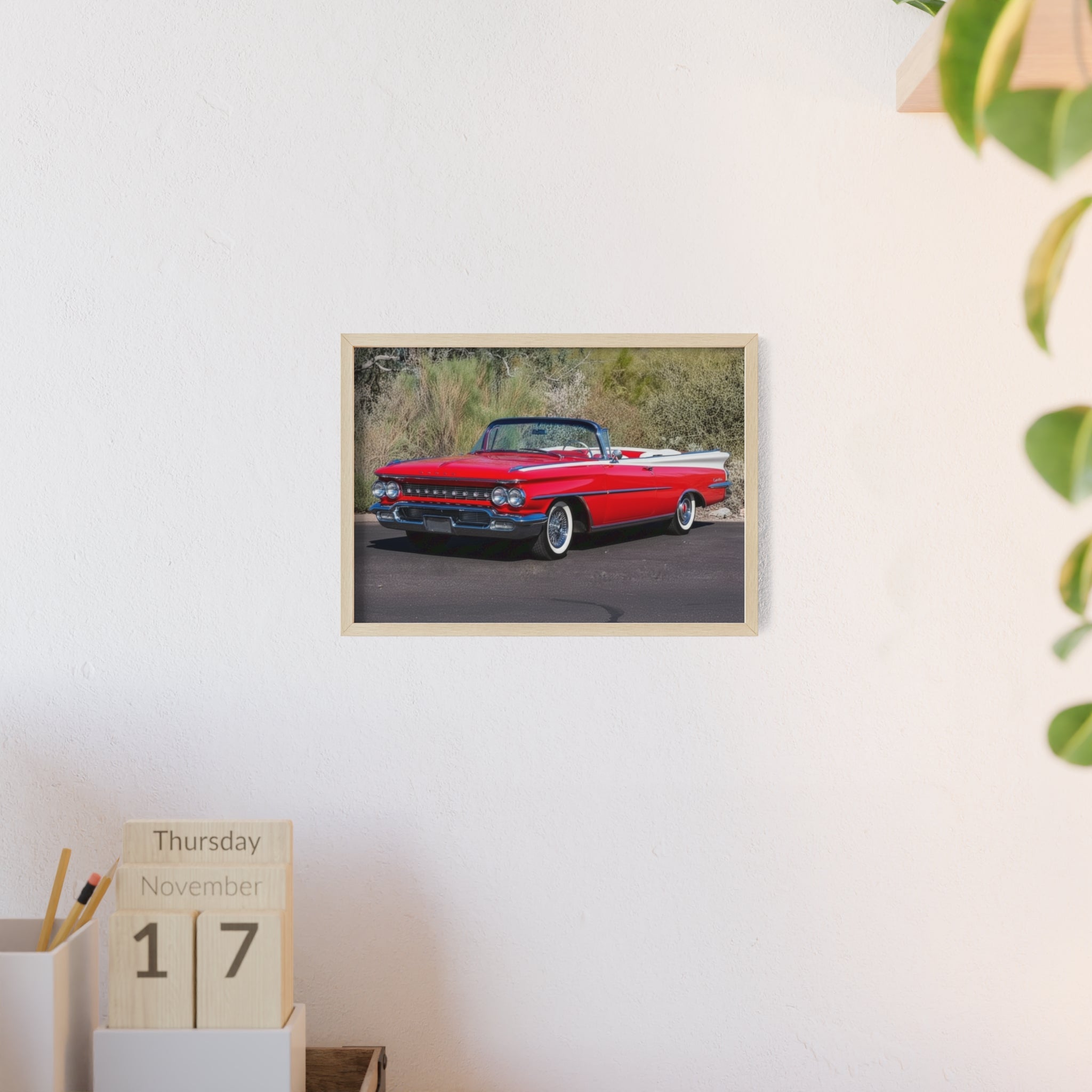 Vintage Red Convertible Car Poster with Wooden Frame — Classic Auto Wall Art