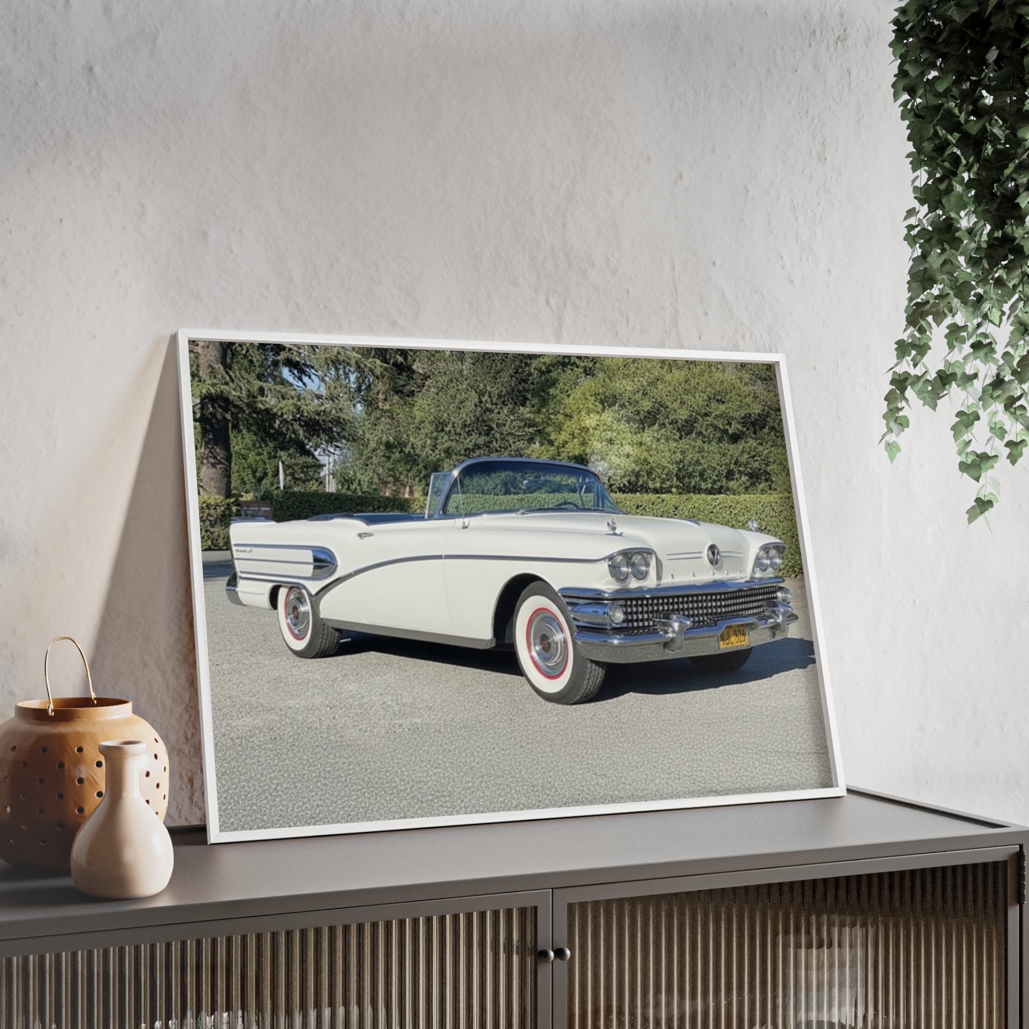 Classic White Convertible Car Poster with Wooden Frame — Vintage Auto Wall Art