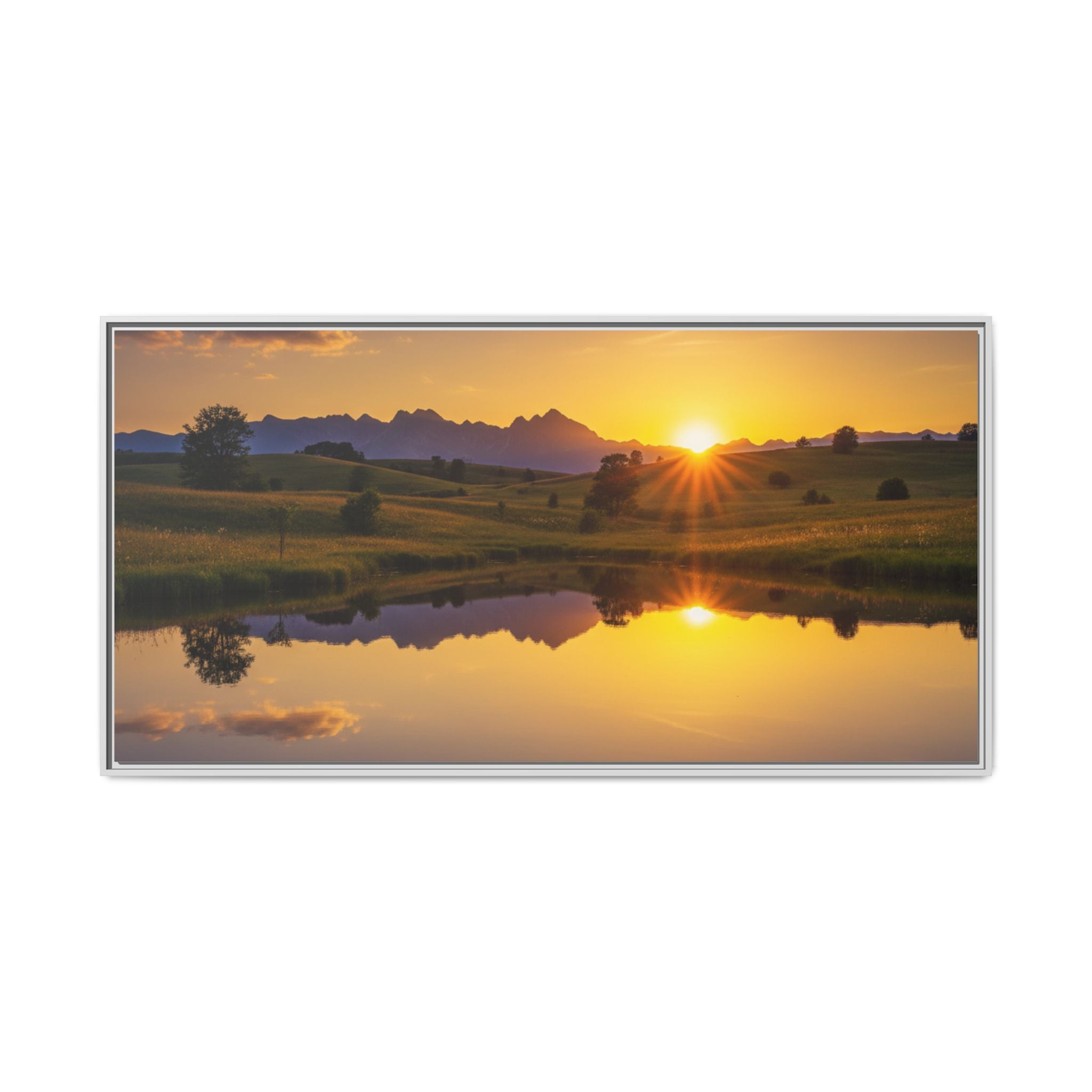 Framed Matte Canvas Sunset Landscape — Serene Lake Reflection Wall Art