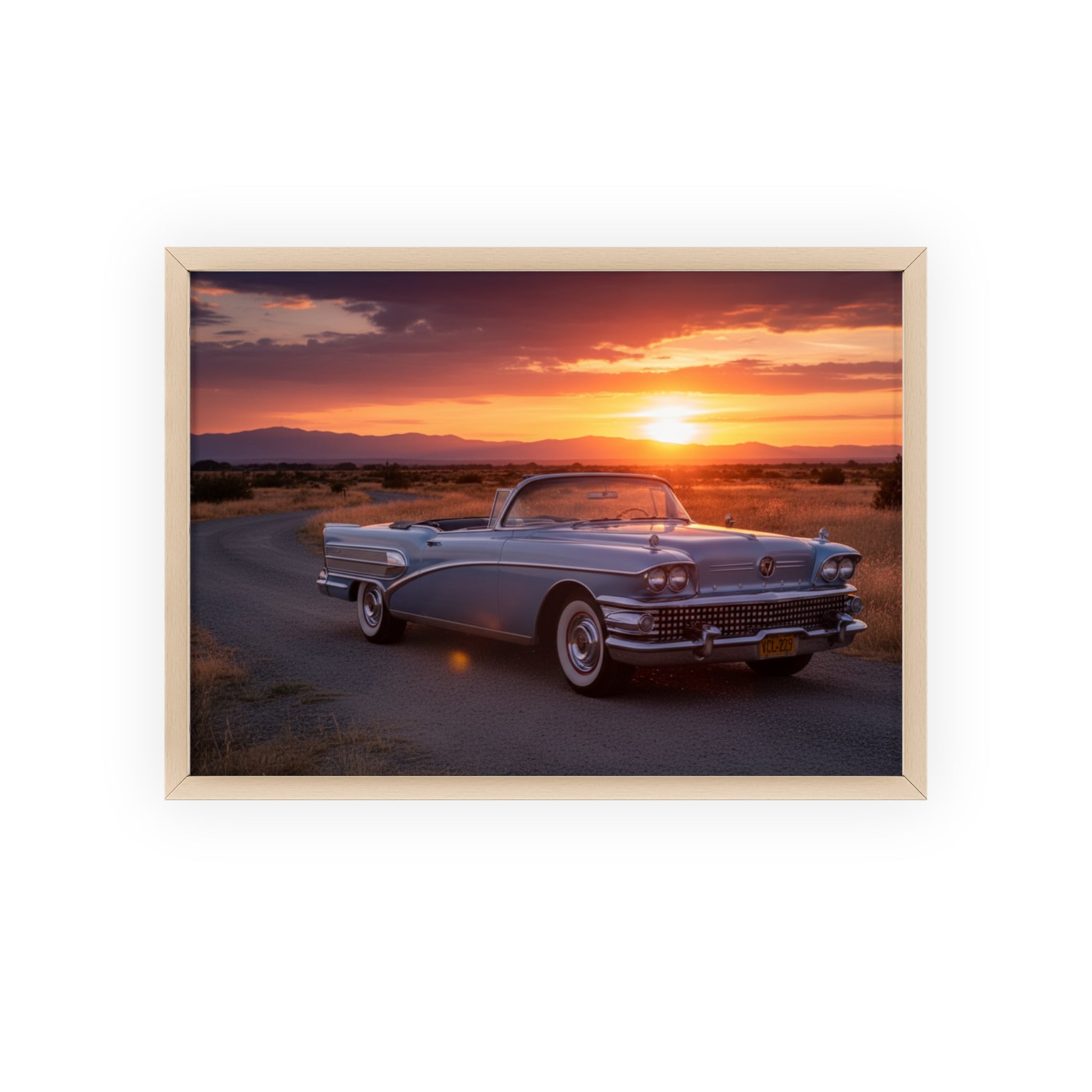 Vintage Convertible Sunset Poster with Wooden Frame