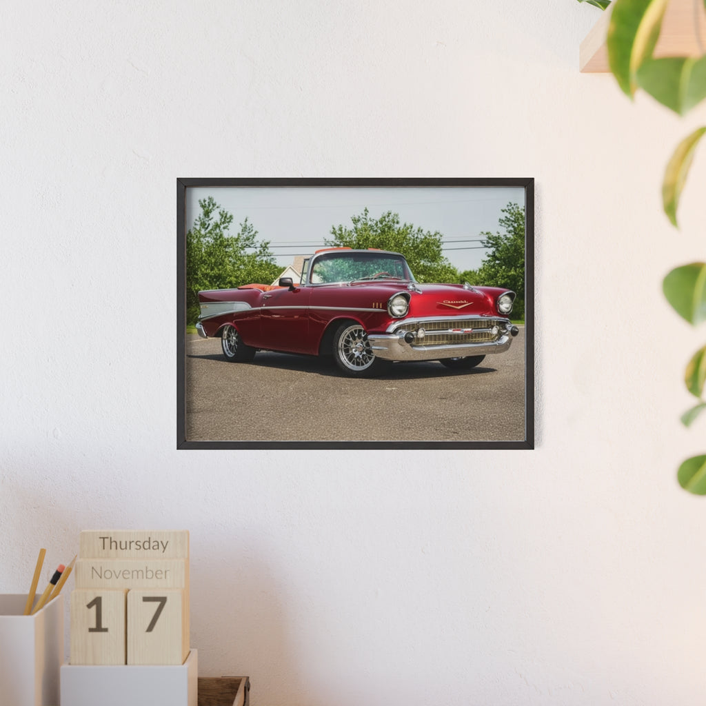 Vintage Red Classic Car Poster with Wooden Frame — Retro Automotive Wall Art