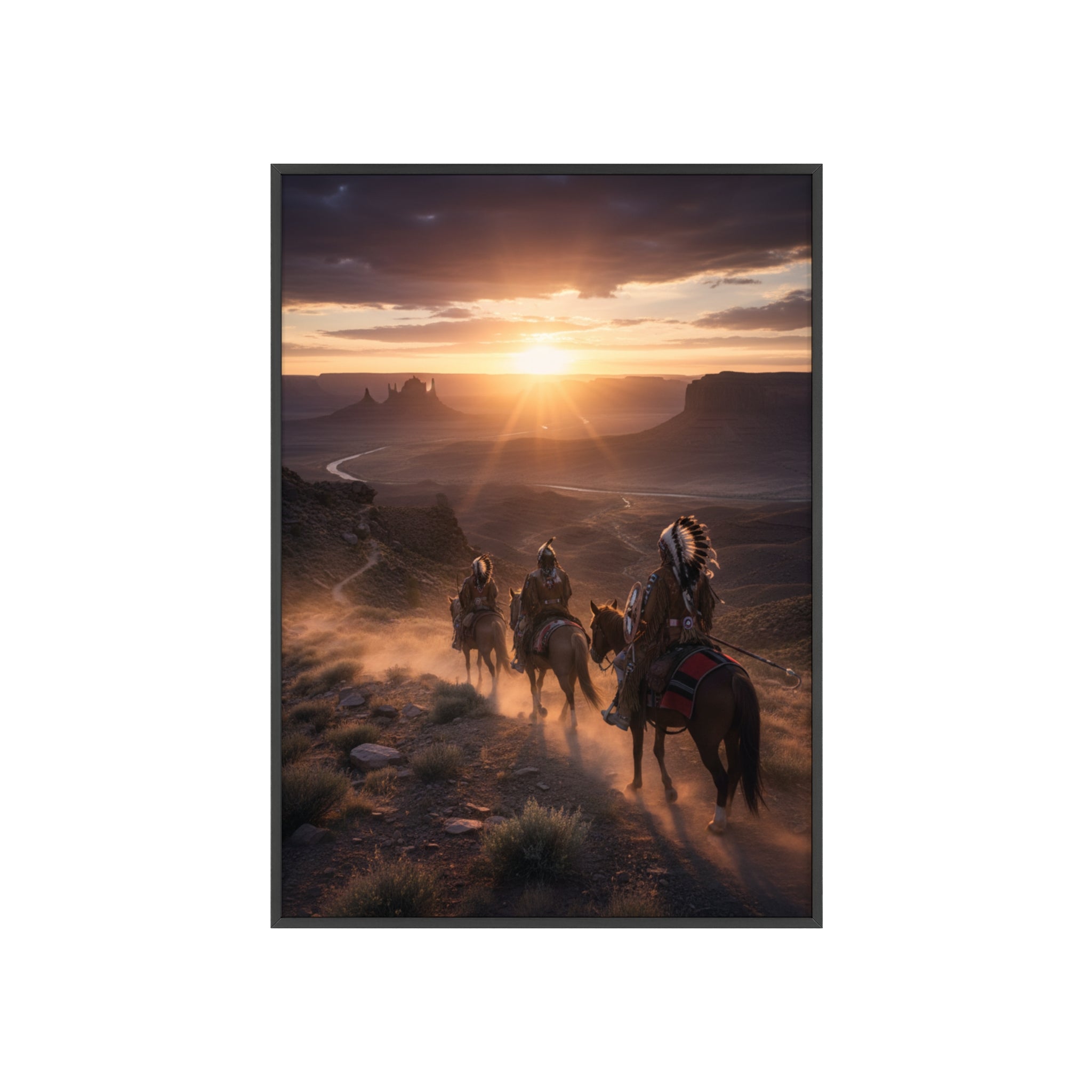 Framed Western Sunset Poster — Native Riders on Horseback Wall Art