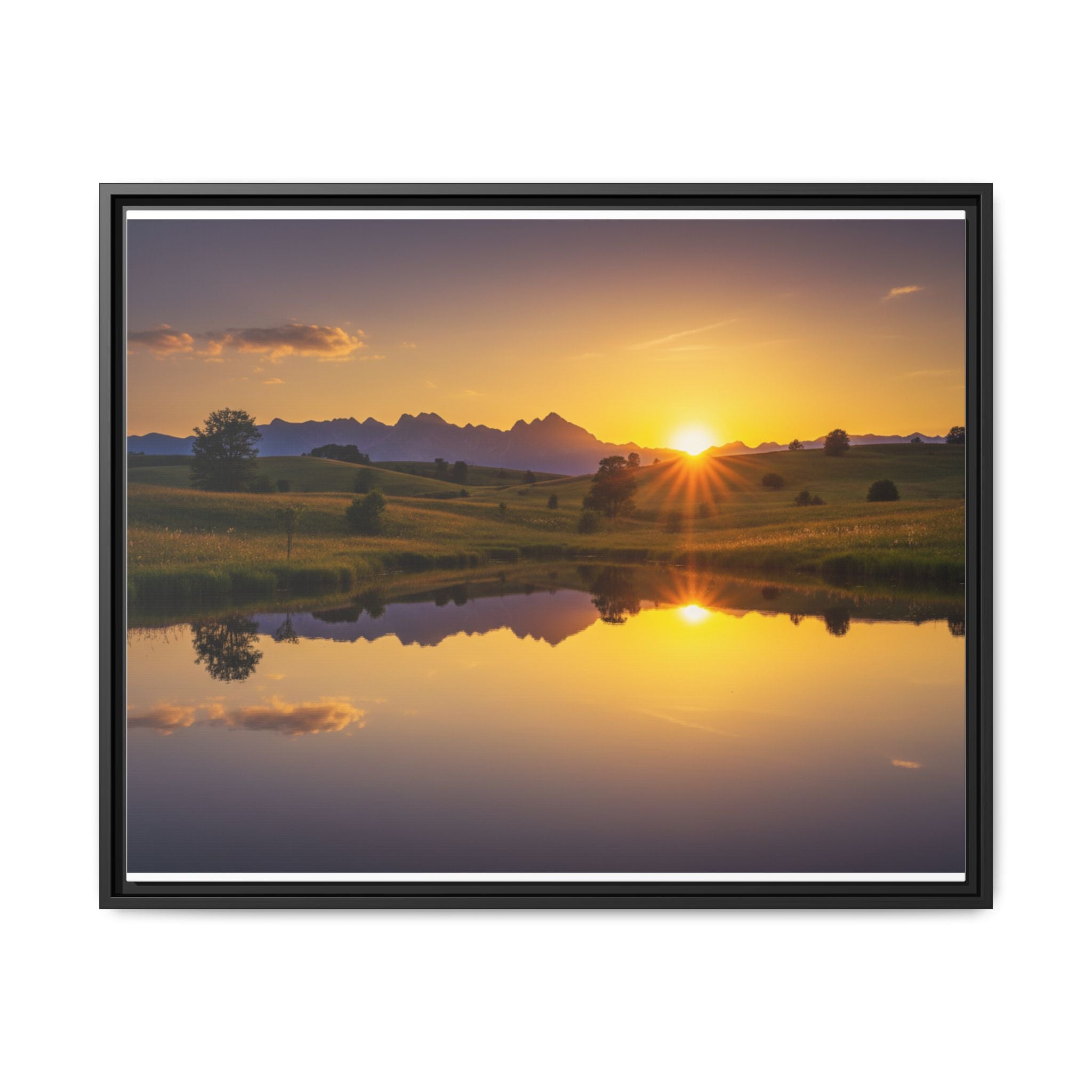Framed Matte Canvas Sunset Landscape — Serene Lake Reflection Wall Art