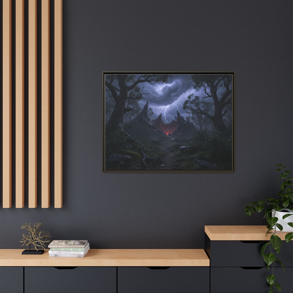 Dark Storm Forest Framed Canvas Print — Lightning, Haunted Castle Art
