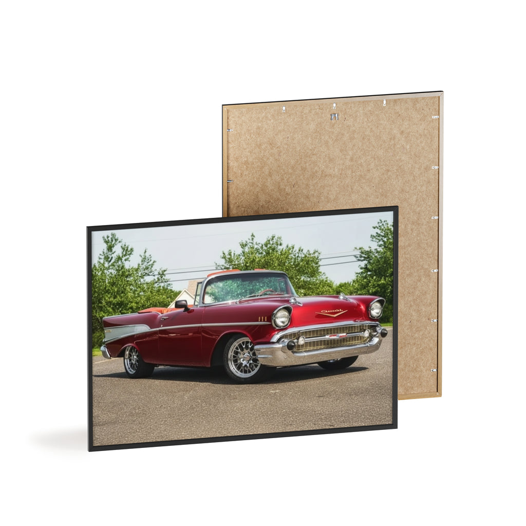 Vintage Red Classic Car Poster with Wooden Frame — Retro Automotive Wall Art