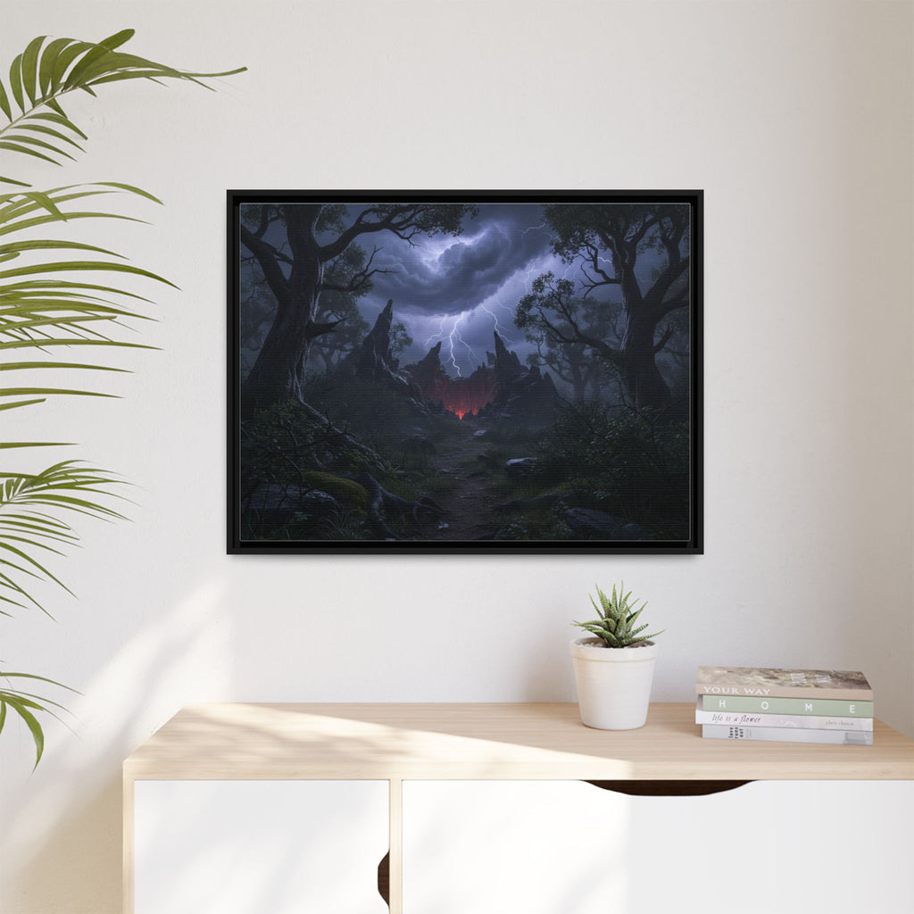 Dark Storm Forest Framed Canvas Print — Lightning, Haunted Castle Art