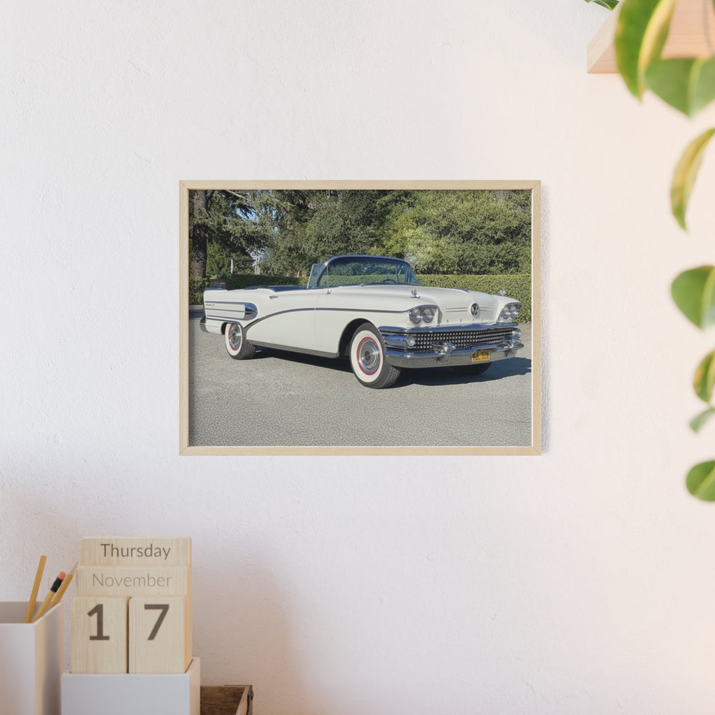 Classic White Convertible Car Poster with Wooden Frame — Vintage Auto Wall Art