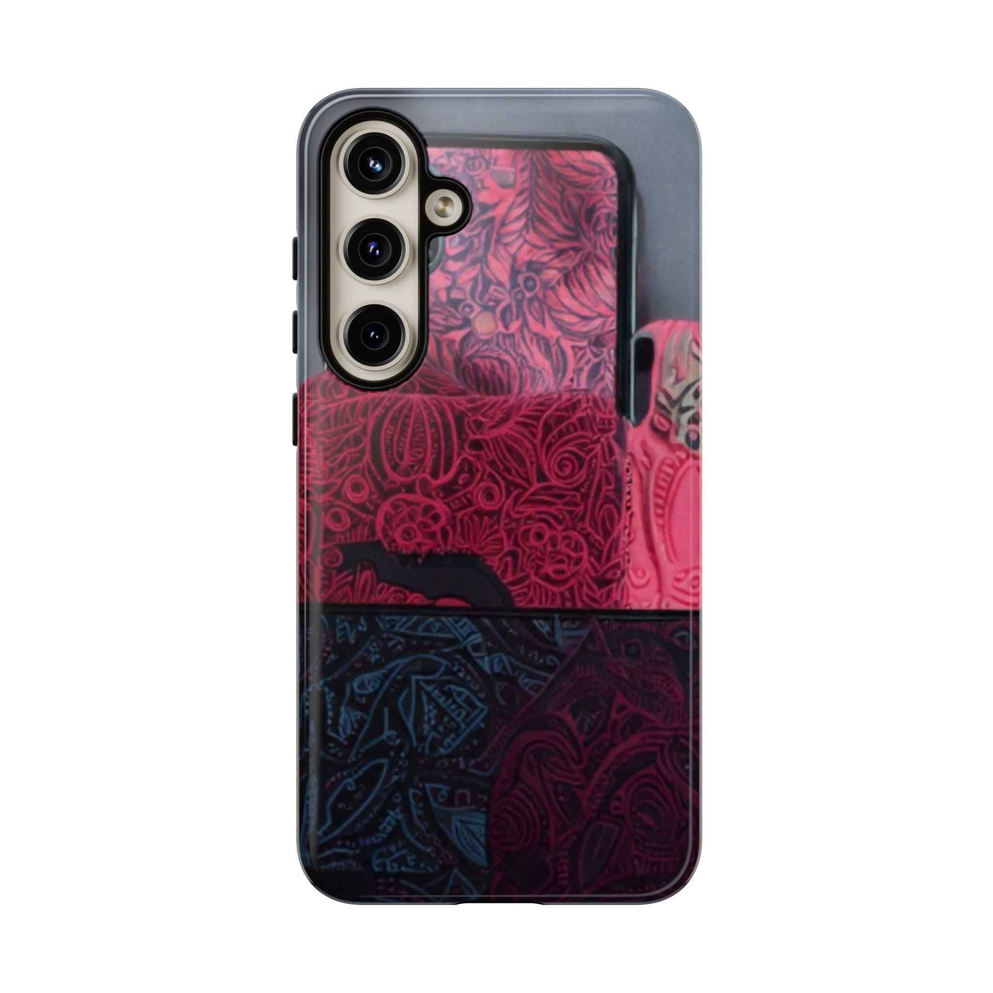 Floral Patchwork Tough Phone Case — Pink & Navy Doodle Design