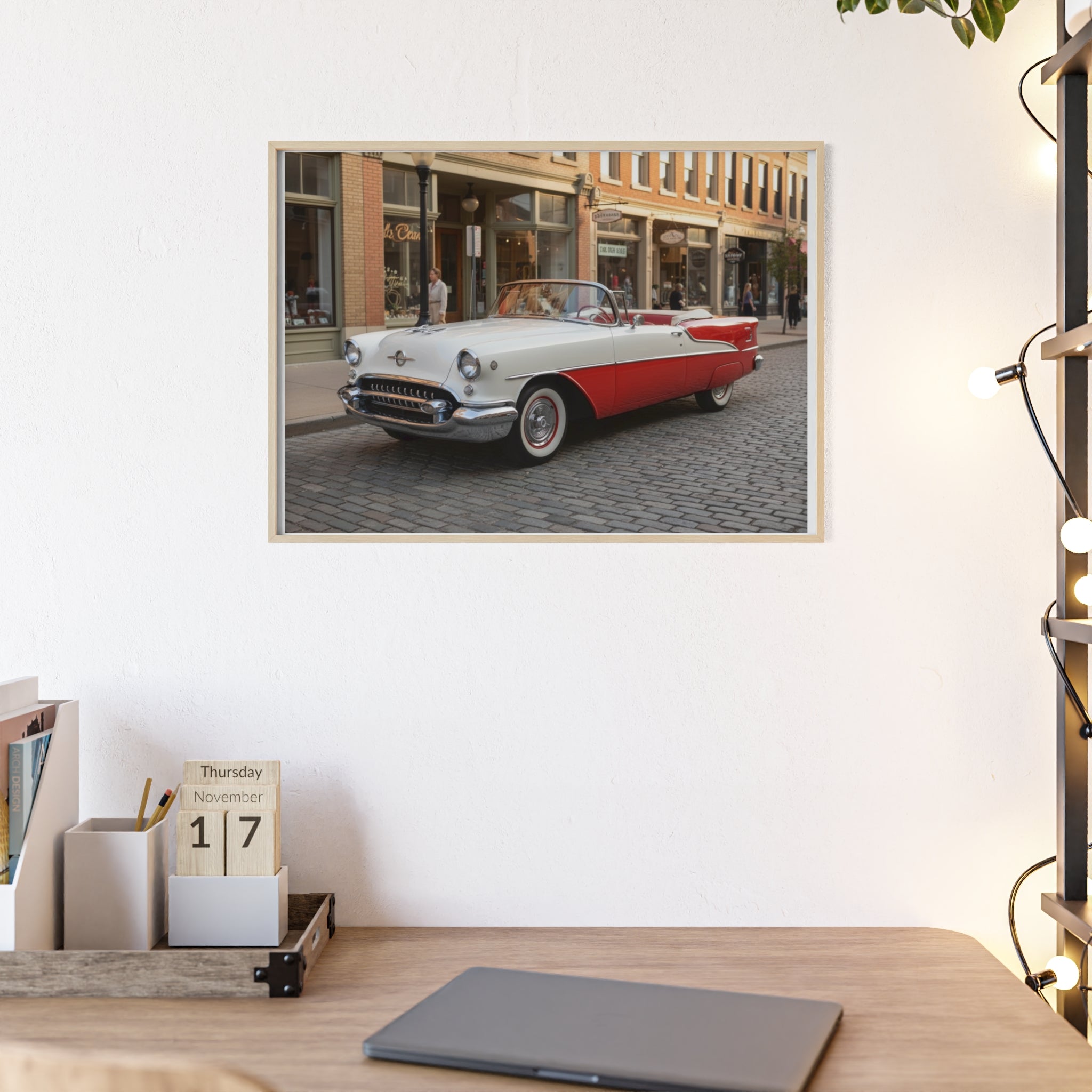 Vintage Red & White Convertible Poster with Wooden Frame — Retro Car Wall Art
