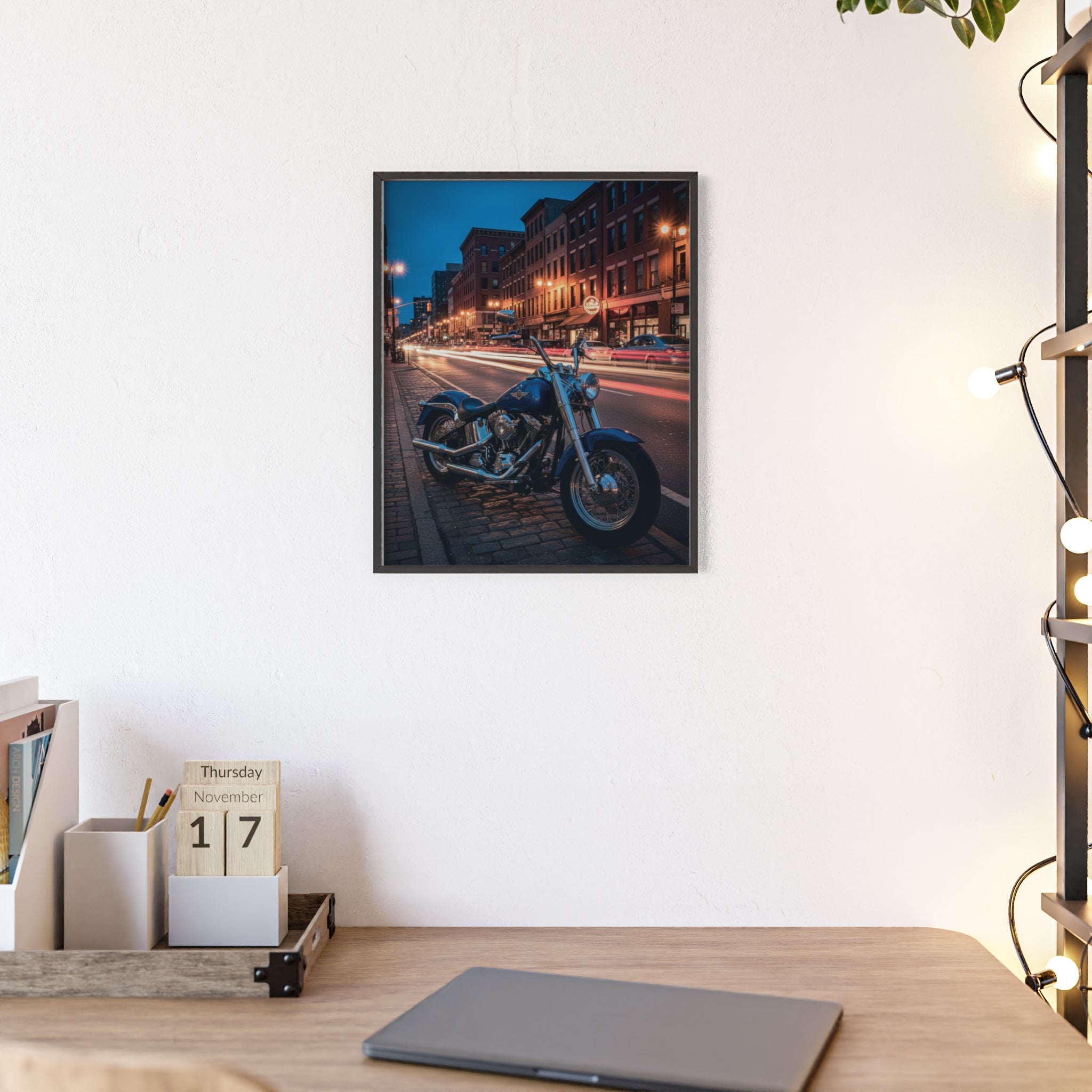 Framed Motorcycle Poster — Night City Street Bike Wall Art