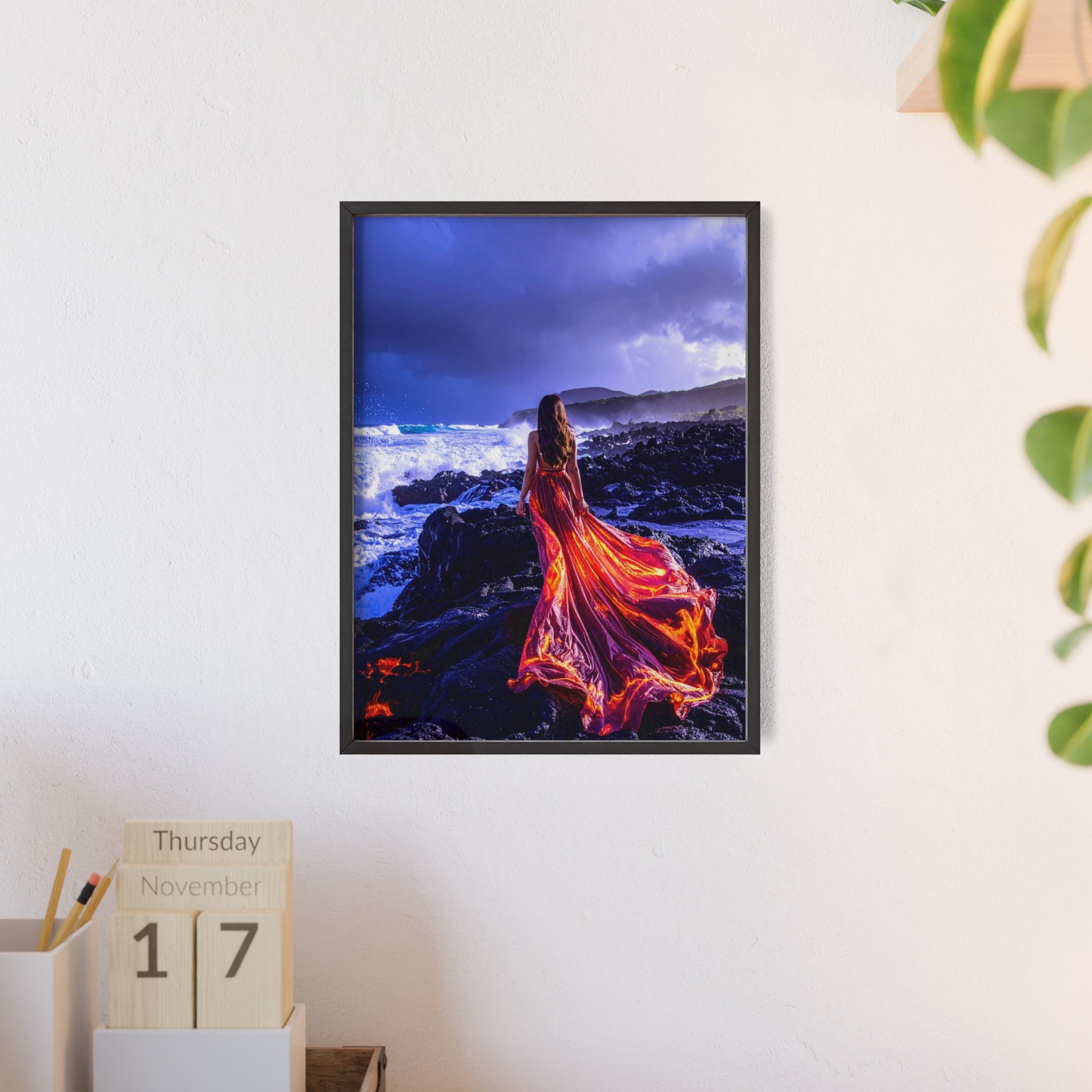 Framed Art Print — Woman in Fiery Red Dress on Rocky Shore (Wooden Frame Poster)