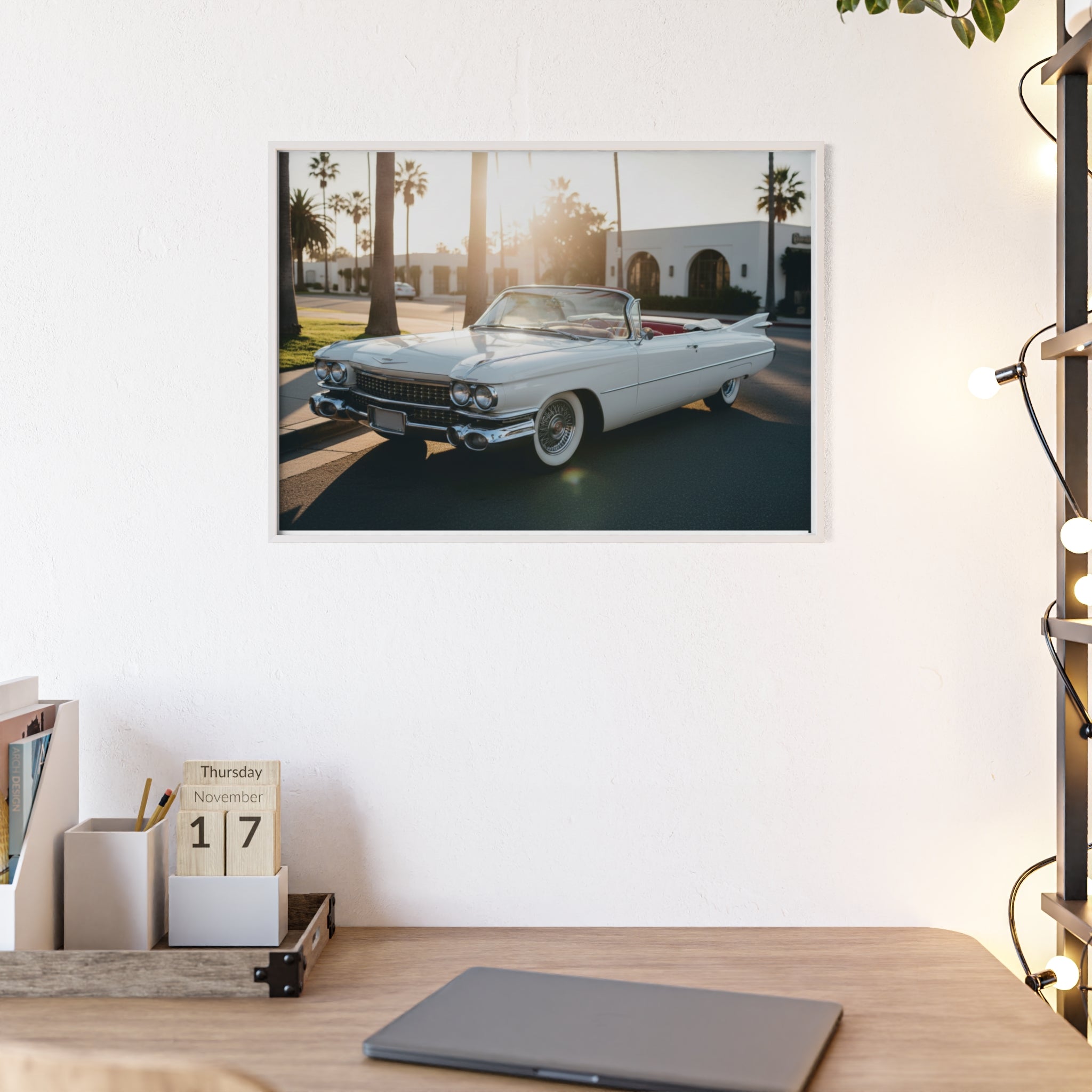 Vintage Cadillac Convertible Poster with Wooden Frame — Retro Palm Trees Sunset Wall Art